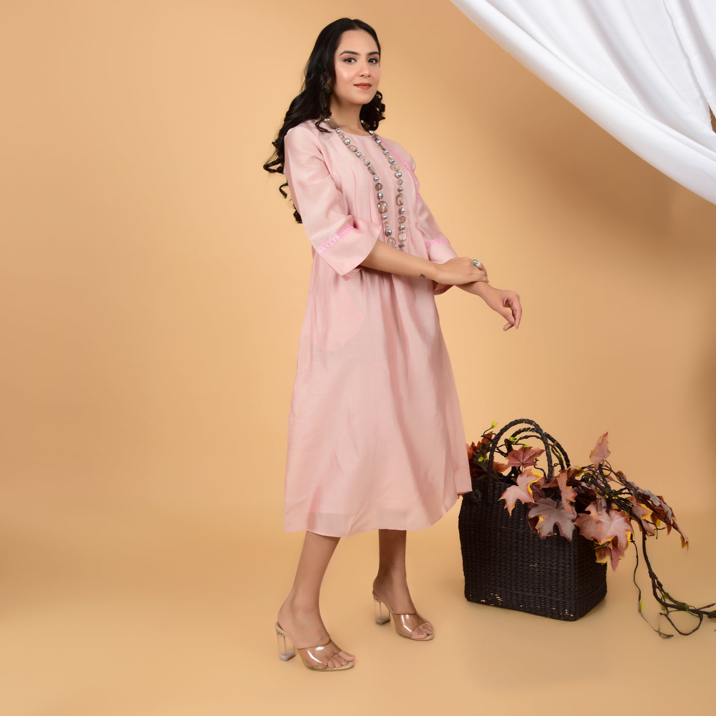 Summer Breeze Peach Lace Chanderi Dress