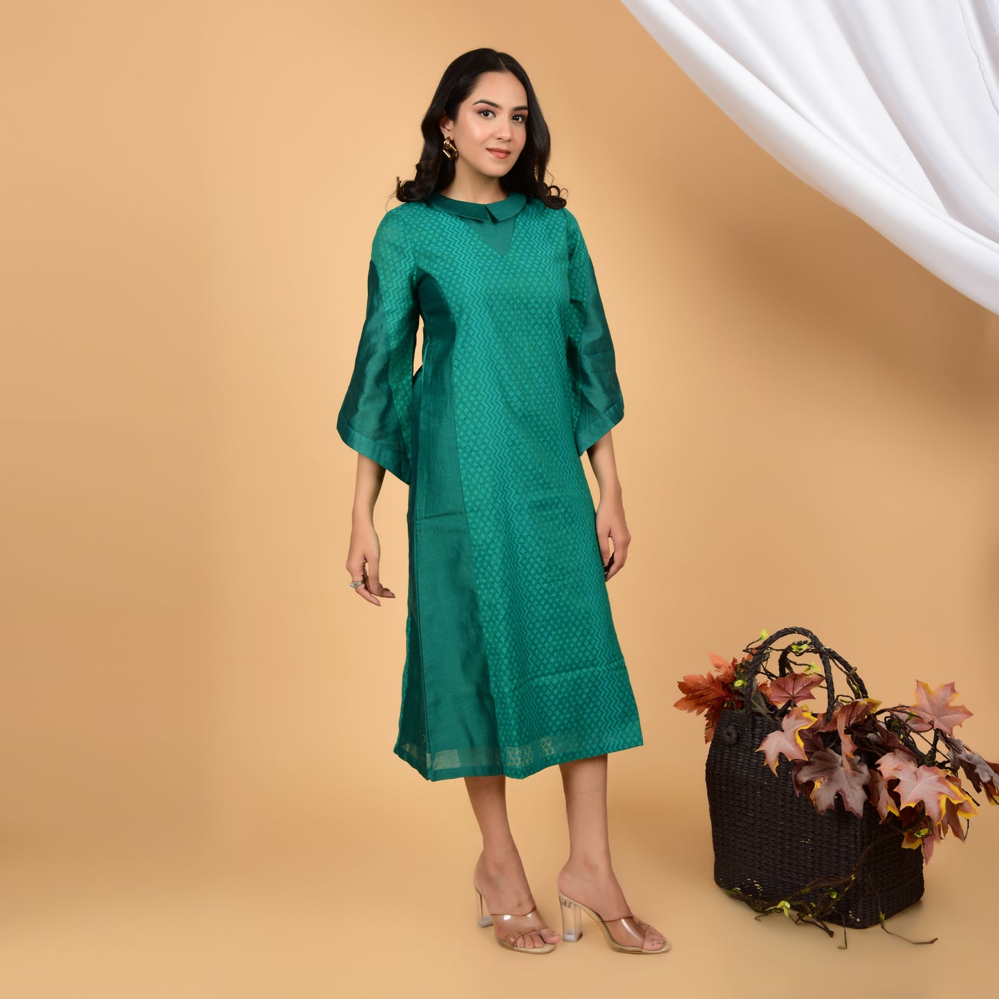 Enchanting Emerald Chanderi Self-Design Dress