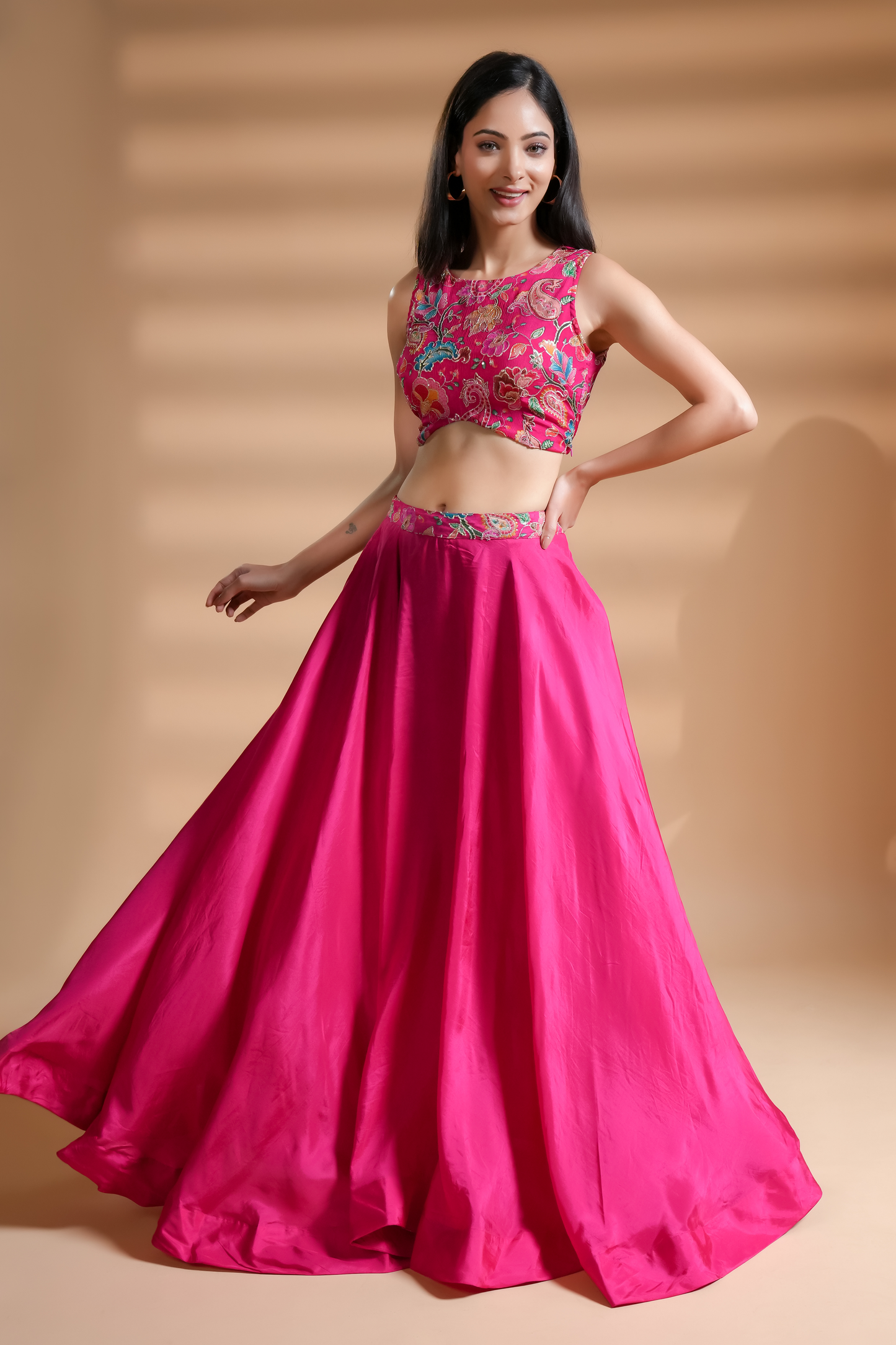Azalea Pink Floral Embroidered Silk Skirt Set