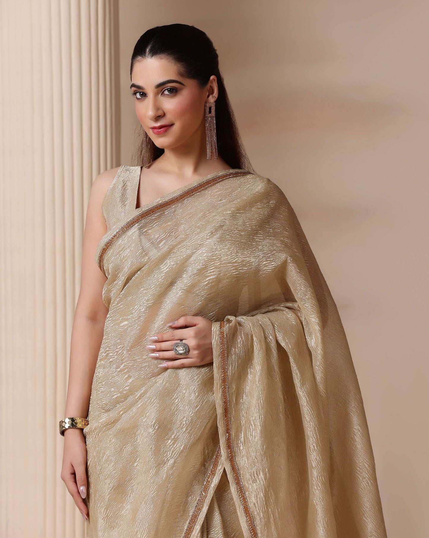 Regal Silver Gold Shimmer Embellished Crush Tissue Saree with Blouse Fabric
