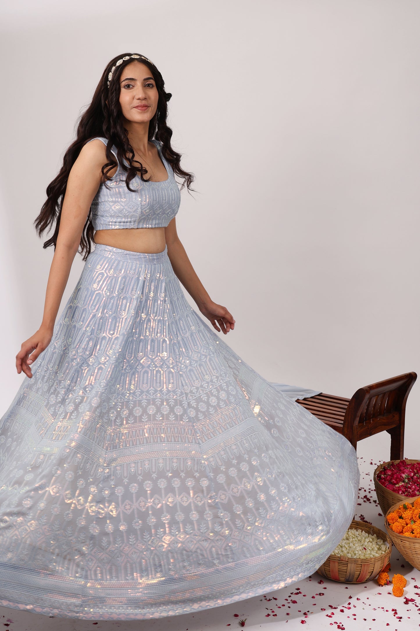 Lavish Heavy Embroidered Chikankari Lehenga Set (Set of 3)