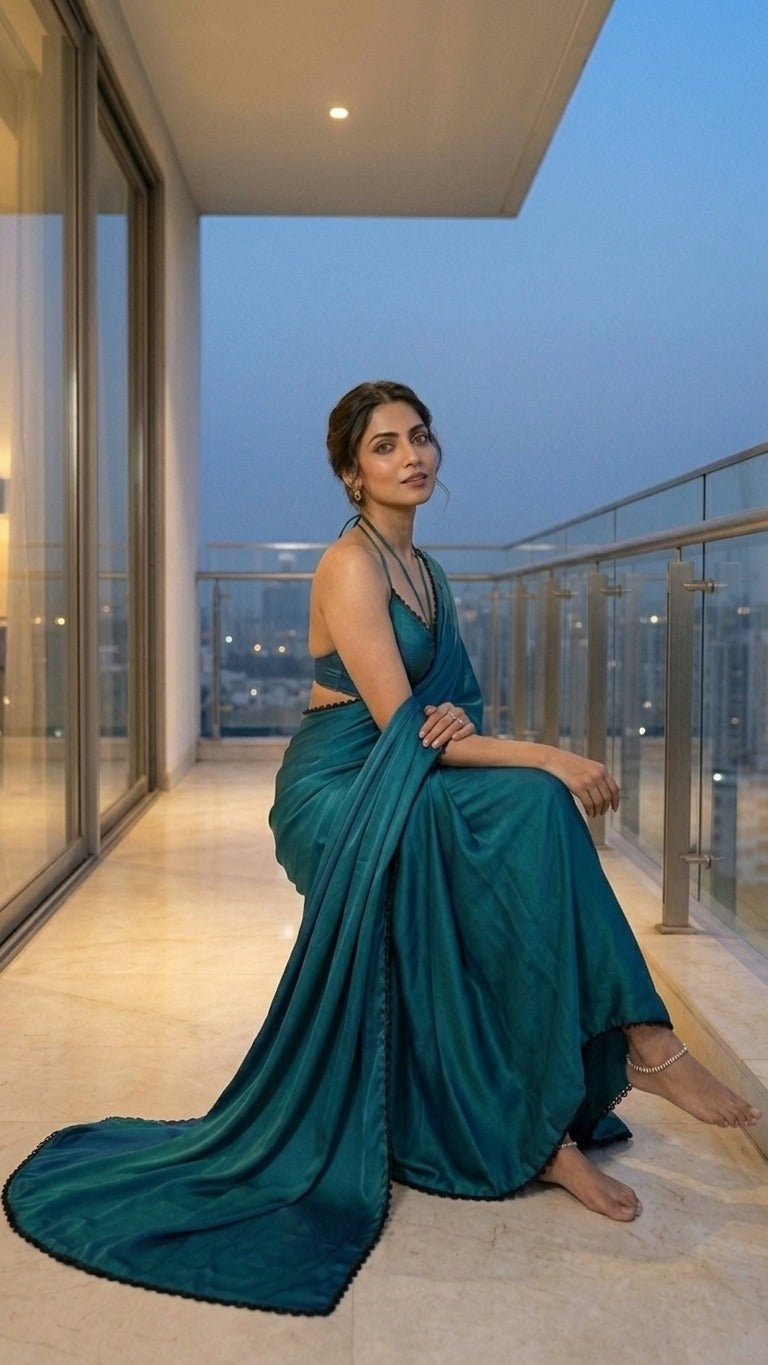 Ocean Chroma Saree with Scalloped Lace Detail