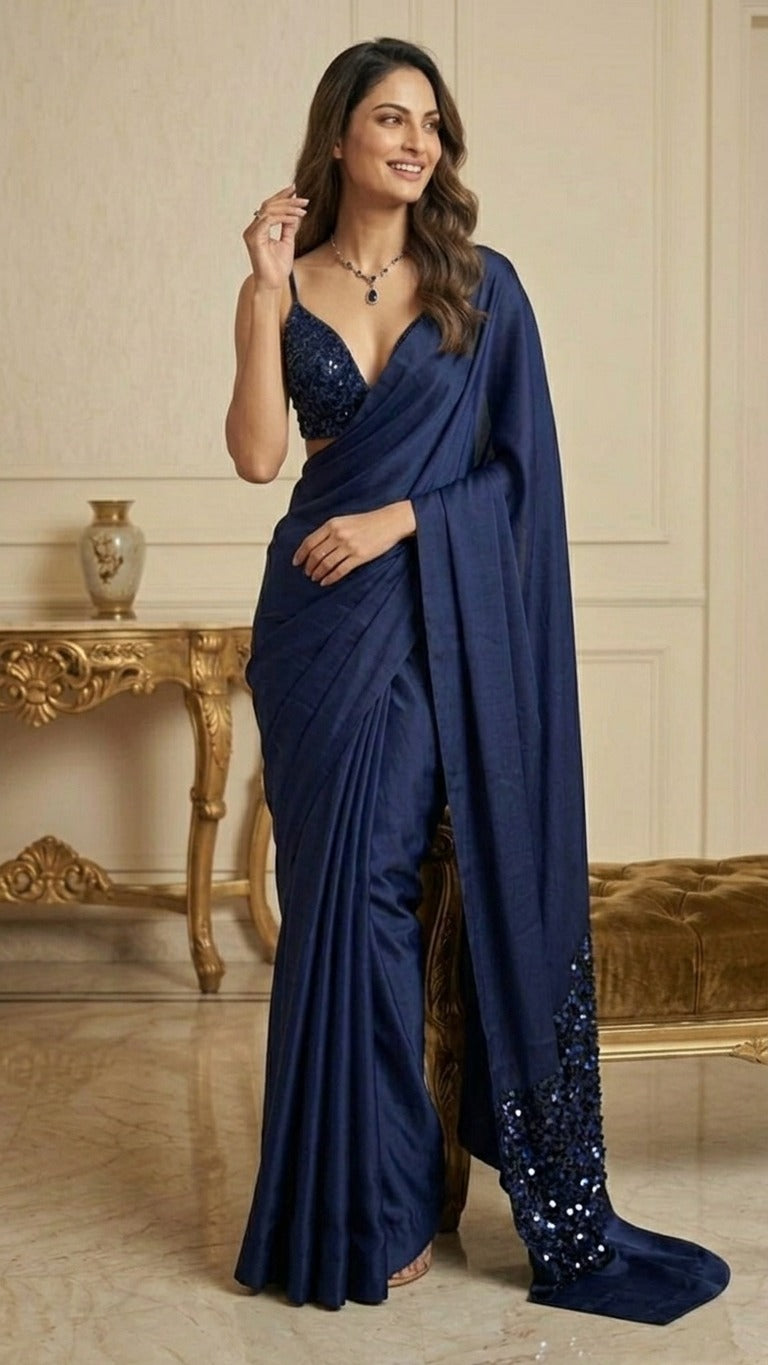 Midnight Muse Navy Satin Saree With Heavy Sequins Blouse Fabric