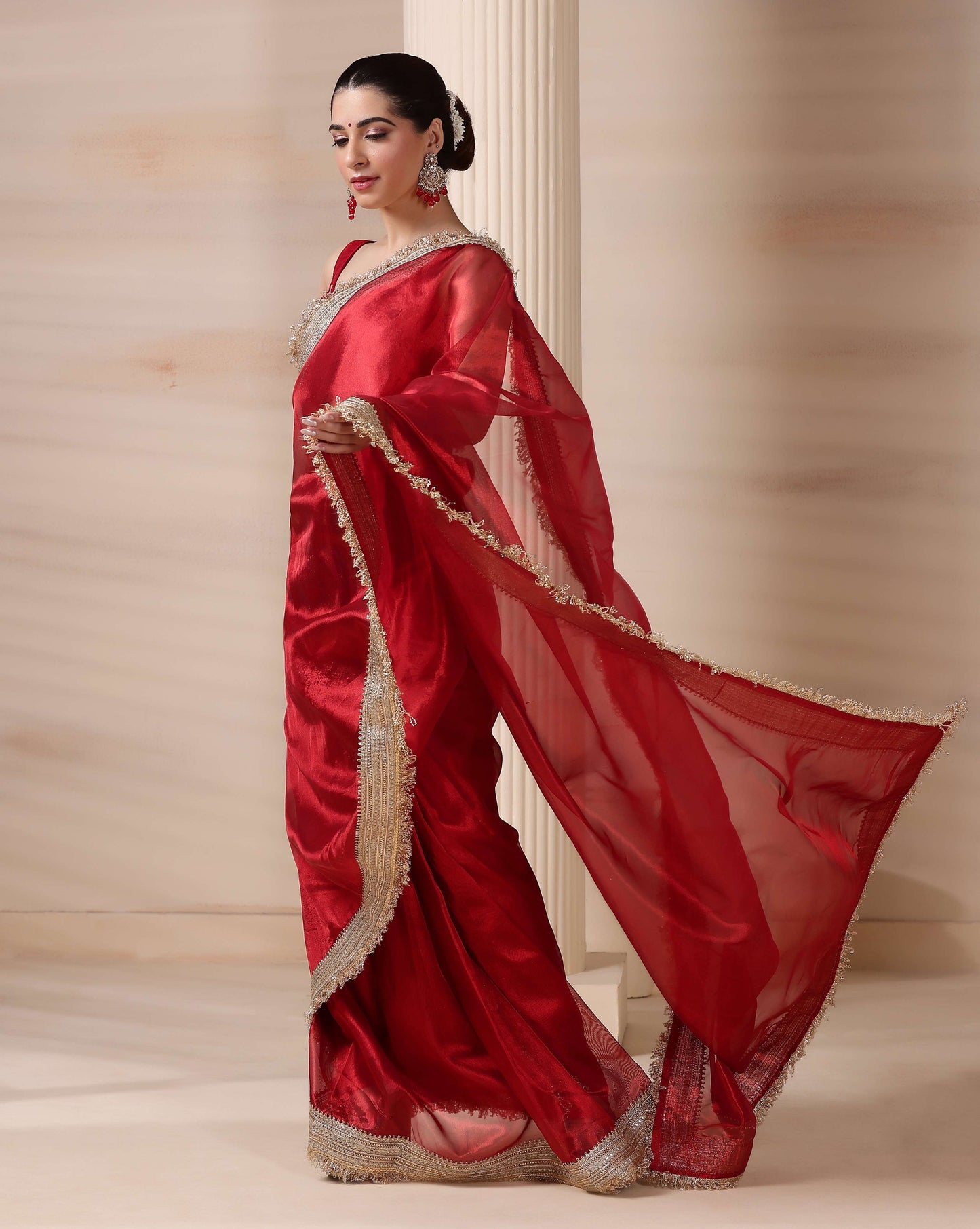 Ravishing Scarlet Radiance Tissue Saree with Luxe Hand Embellished Border