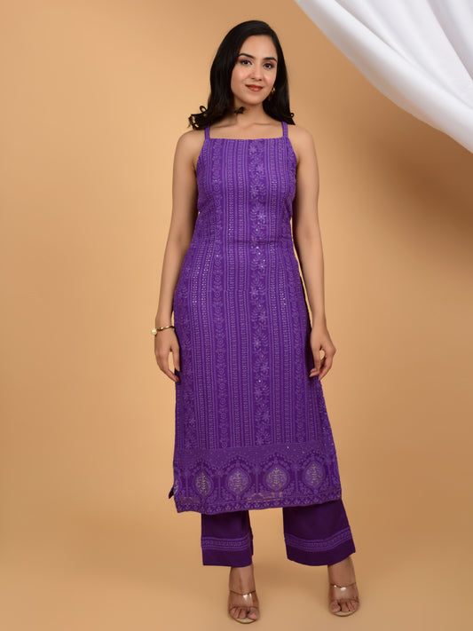 Purple Sleeveless Chikankari kurta and Pant (Set of 2)