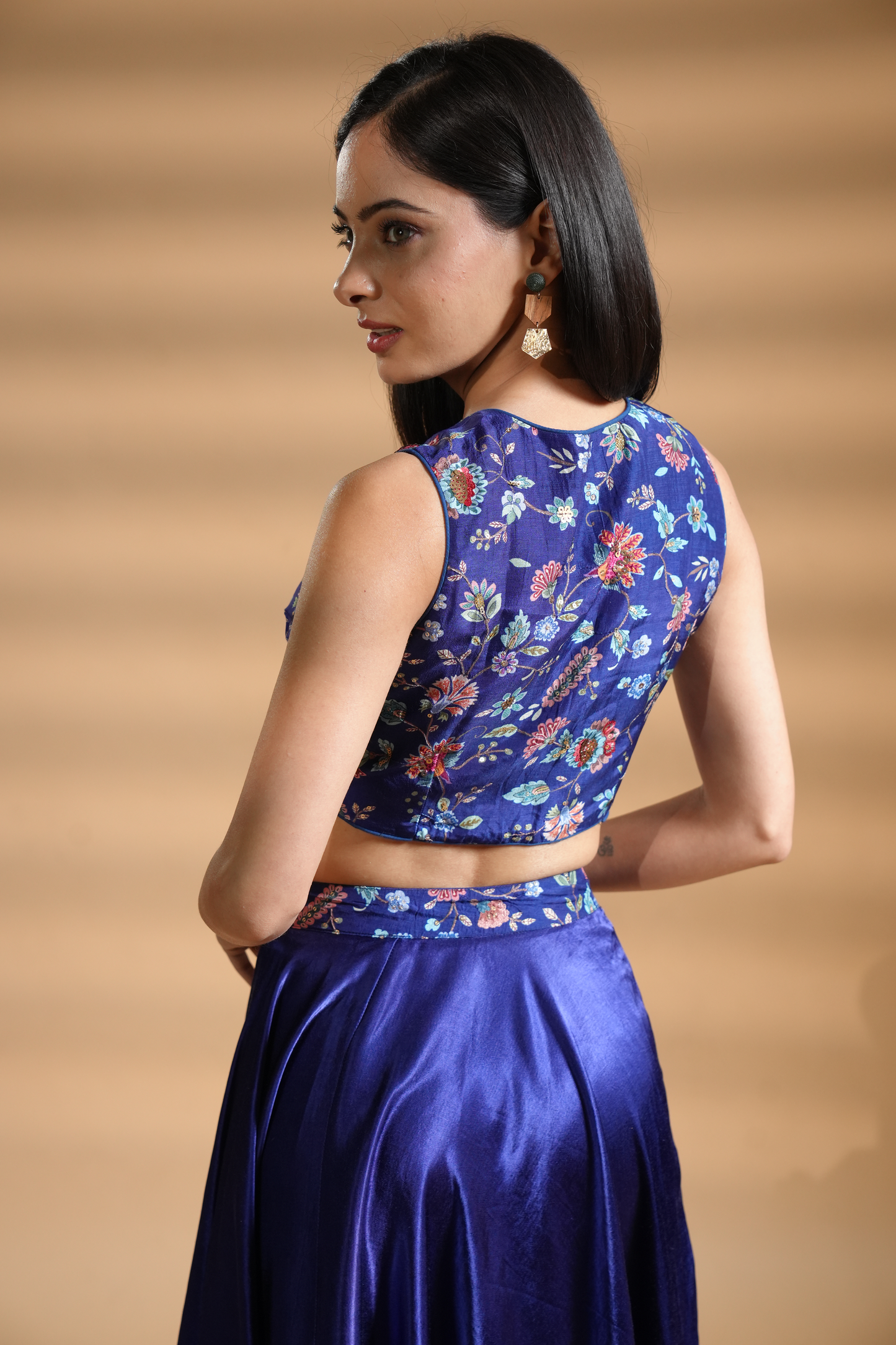 Designer Floral Embroidered Blue Silk Skirt Set