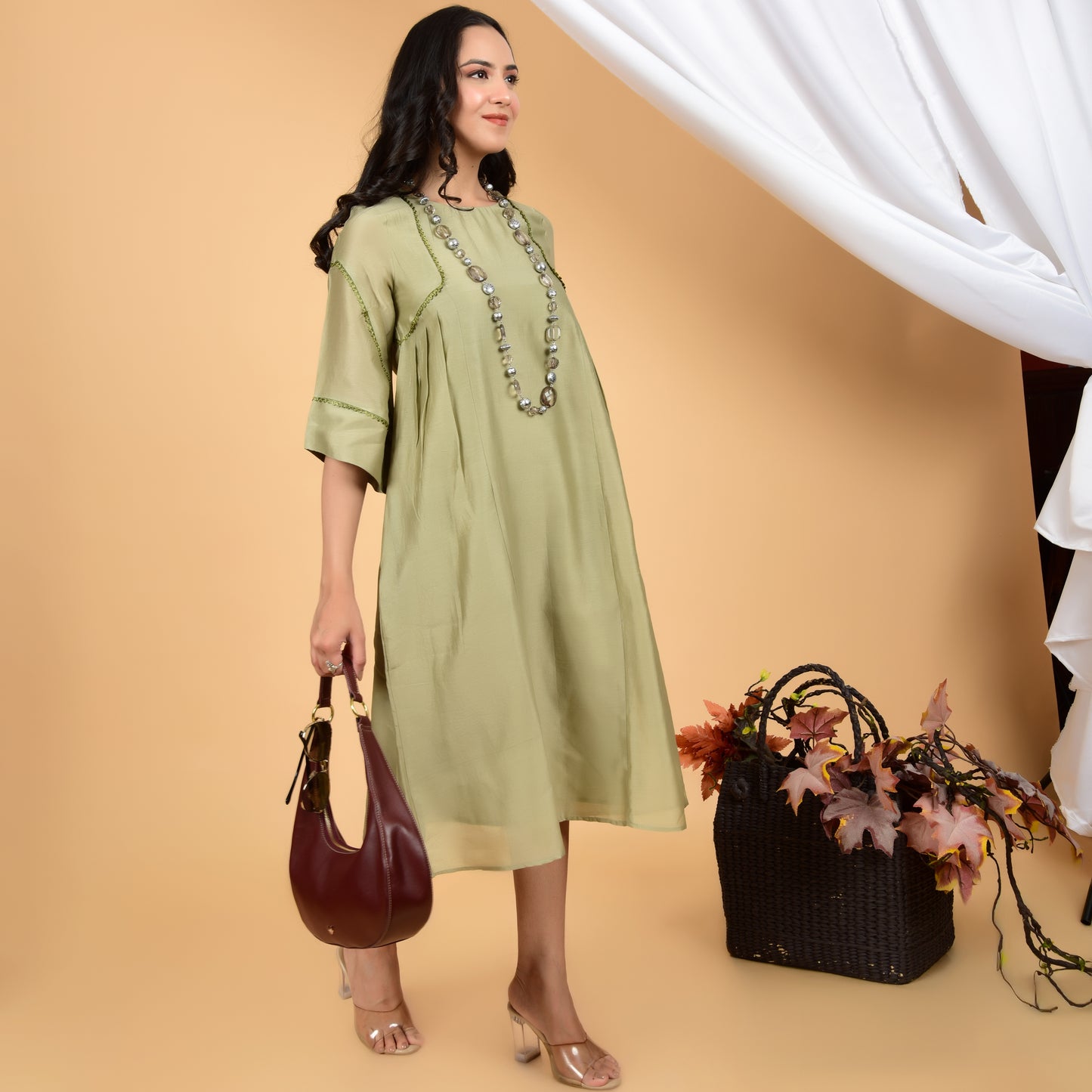 Earthy Green Chanderi Ethnic Dress