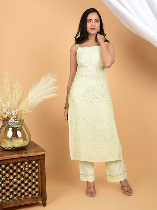 Pista Green Sleeveless Chikankari Kurta & Pant (set of 2)