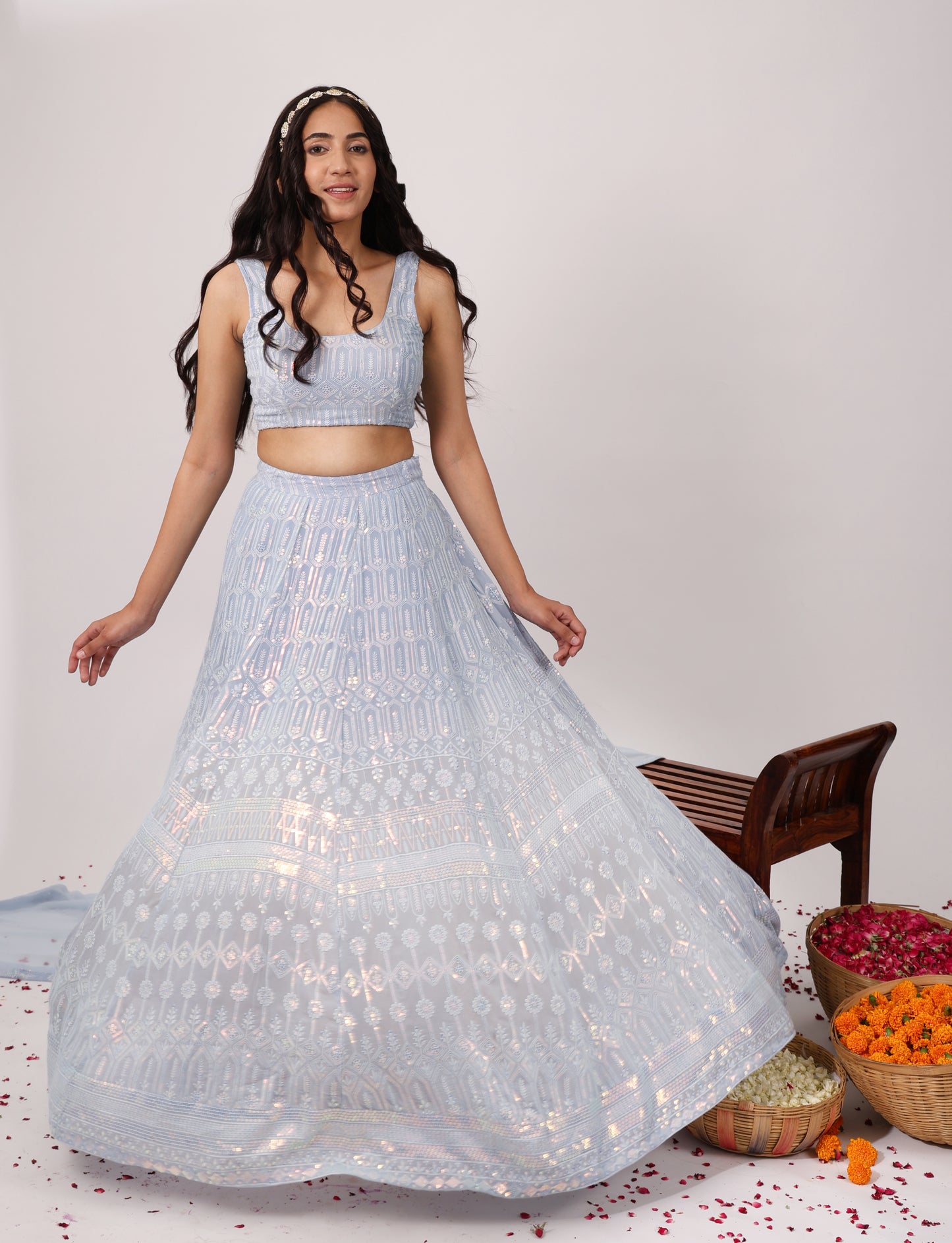 Lavish Heavy Embroidered Chikankari Lehenga Set (Set of 3)