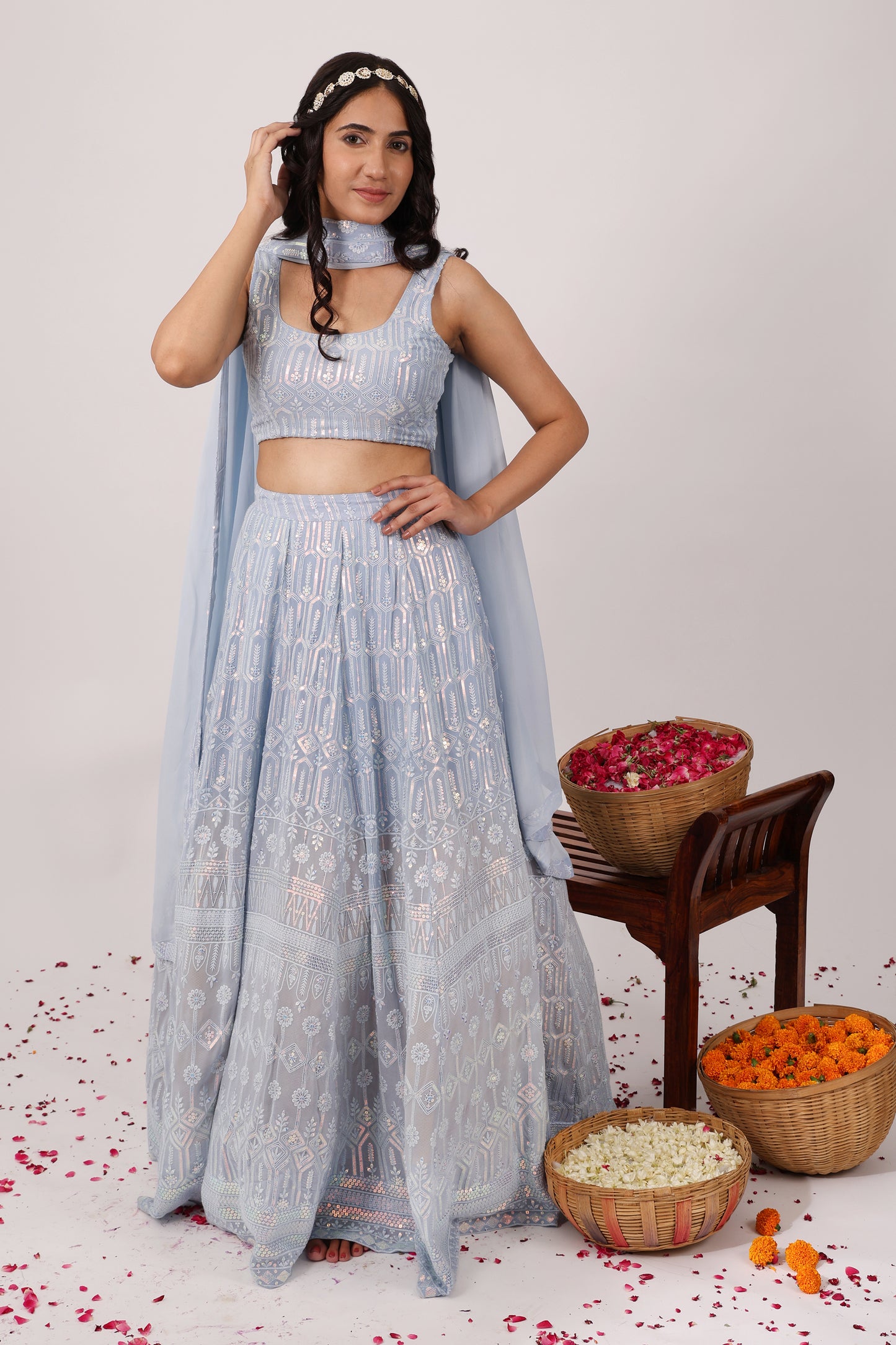 Lavish Heavy Embroidered Chikankari Lehenga Set (Set of 3)