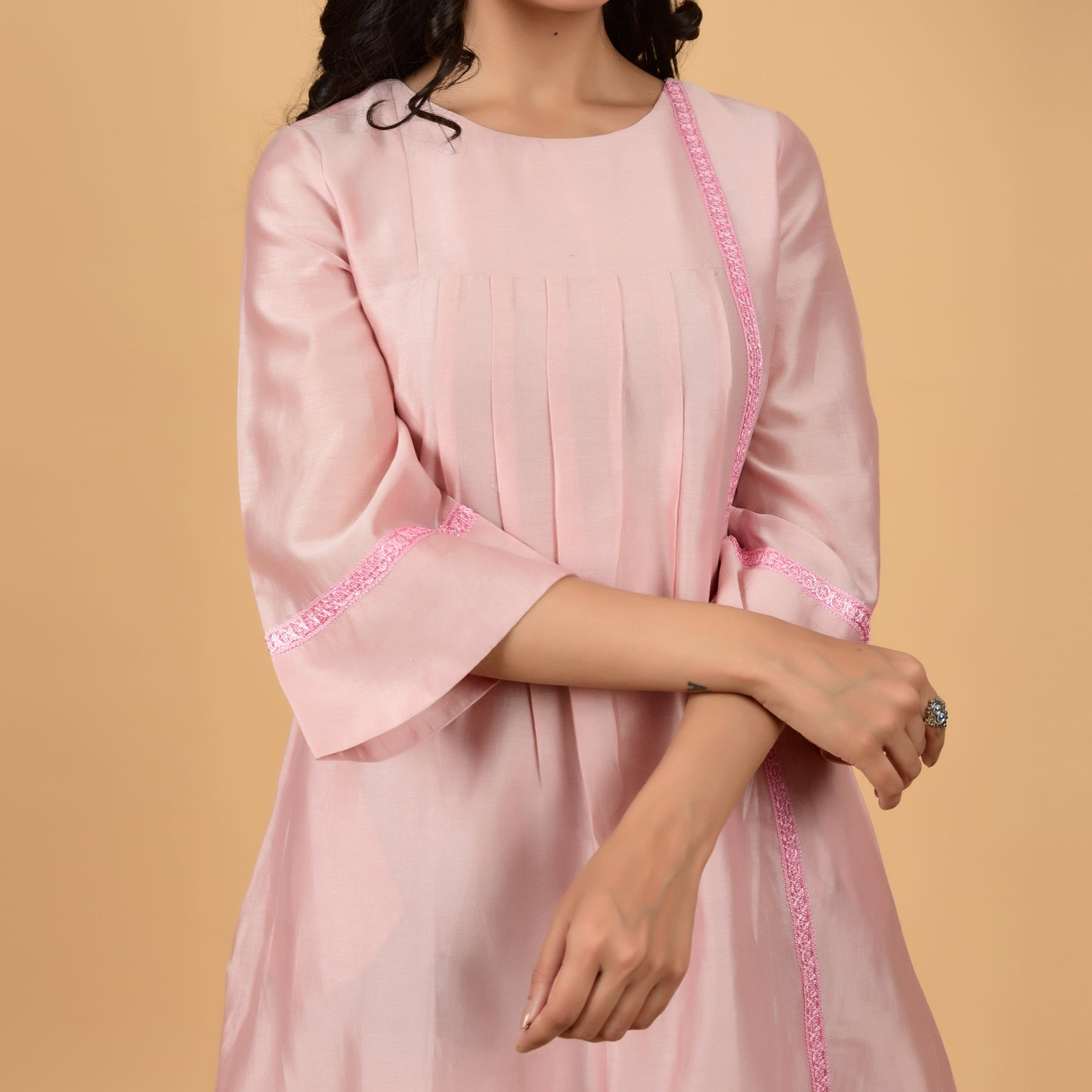 Summer Breeze Peach Lace Chanderi Dress