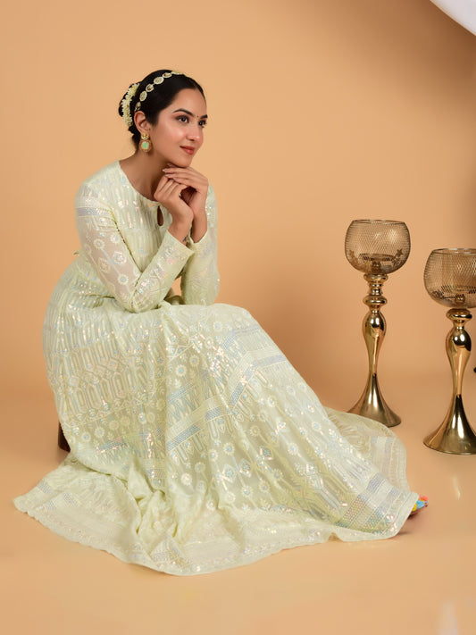 Luxurious Sequins Chikankari Anarkali with Dupatta & Belt