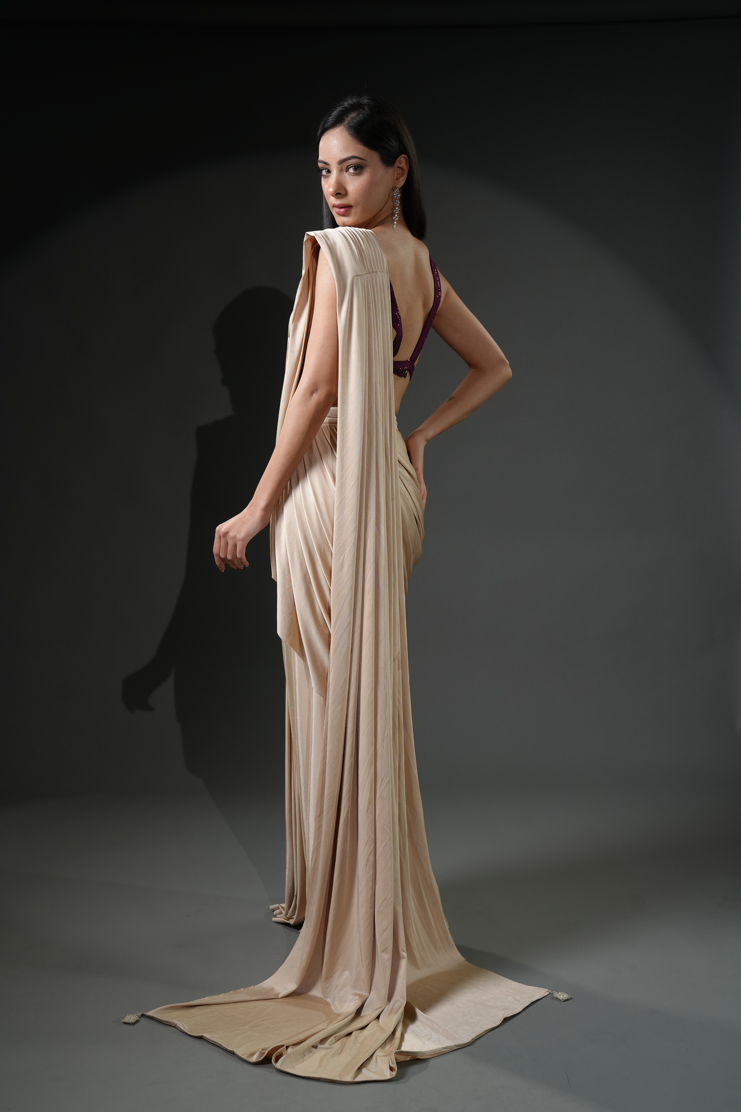 Exclusive Designer Ivory Ready-to-Wear Saree with Unique Drape in Luxe Fabric