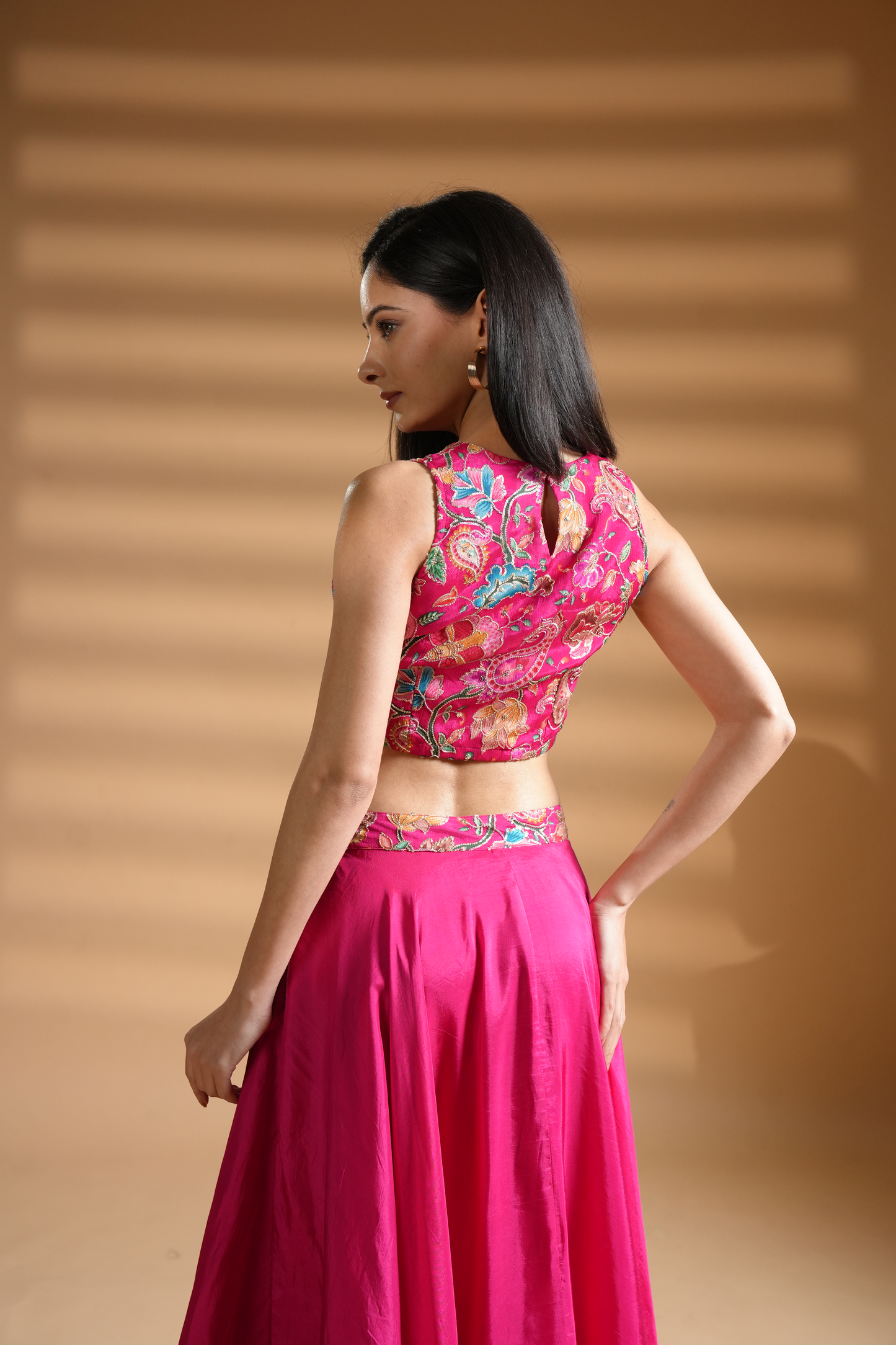 Azalea Pink Floral Embroidered Silk Skirt Set