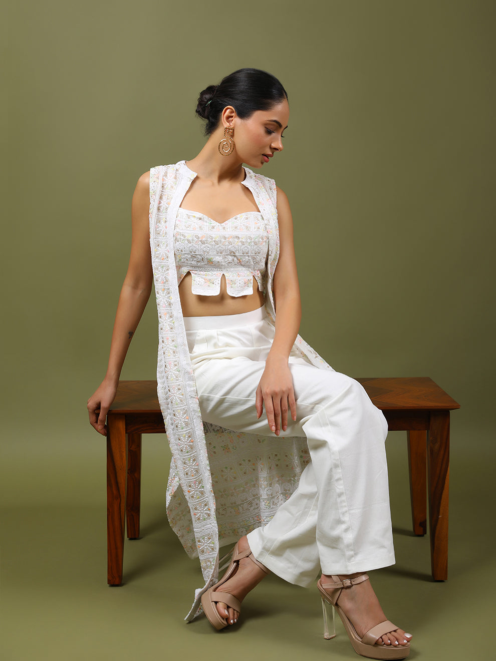 Coordinated White Chikankari Embroidered Three Piece Set
