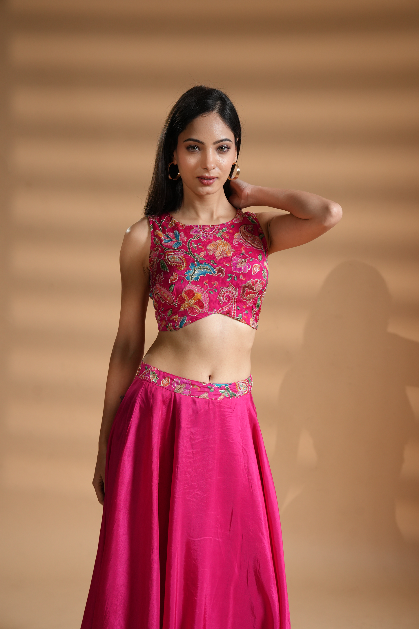 Azalea Pink Floral Embroidered Silk Skirt Set
