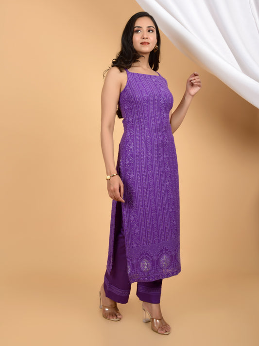 Purple Sleeveless Chikankari kurta and Pant (Set of 2)