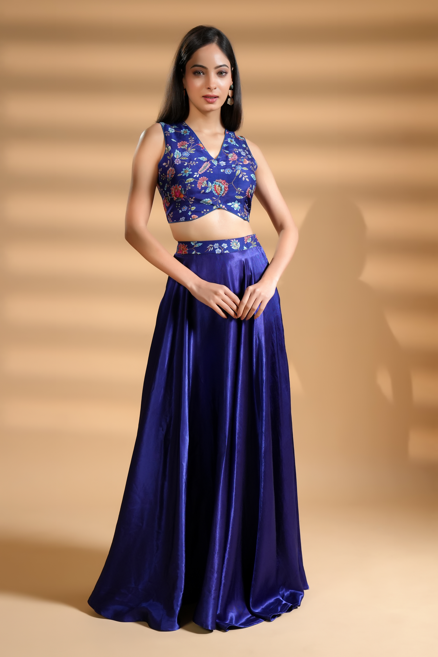 Designer Floral Embroidered Blue Silk Skirt Set