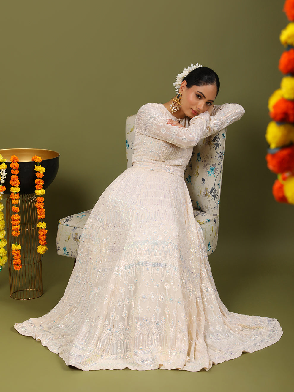 Dreamy Heavy Embroidered Sequins Anarkali Gown with Belt