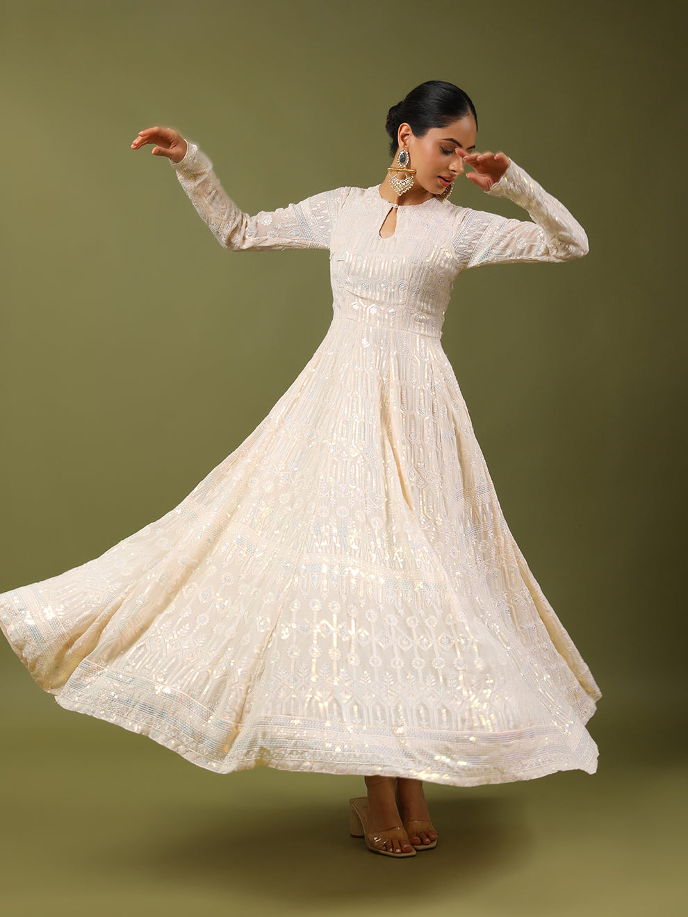 Dreamy Heavy Embroidered Sequins Anarkali Gown with Belt