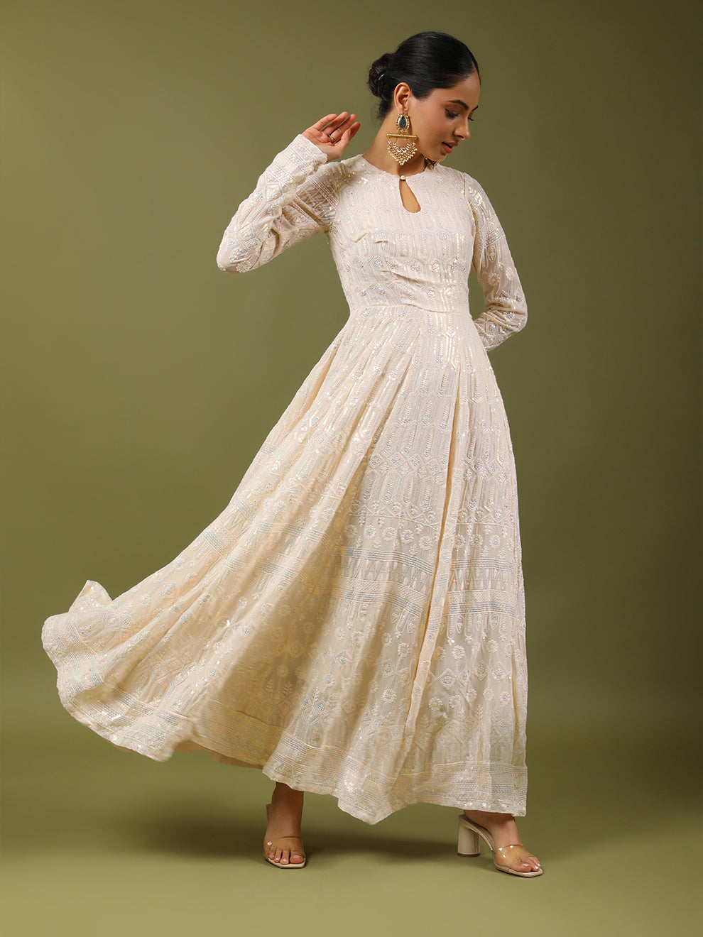 Dreamy Heavy Embroidered Sequins Anarkali Gown with Belt