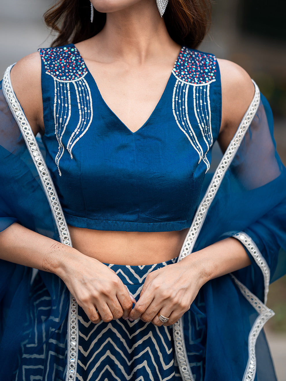 Rich Blue Silk Hand-embroidered Blouse and Double Skirt Lehenga Set