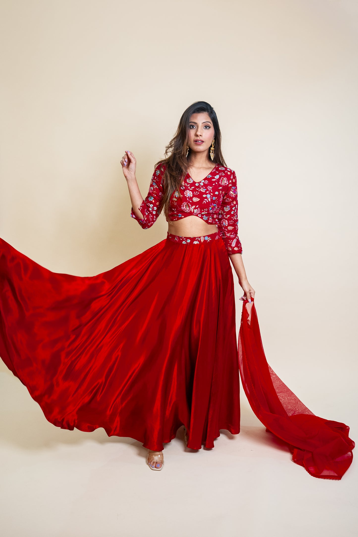 Red Embroidered Top and Silk Skirt set with Dupatta