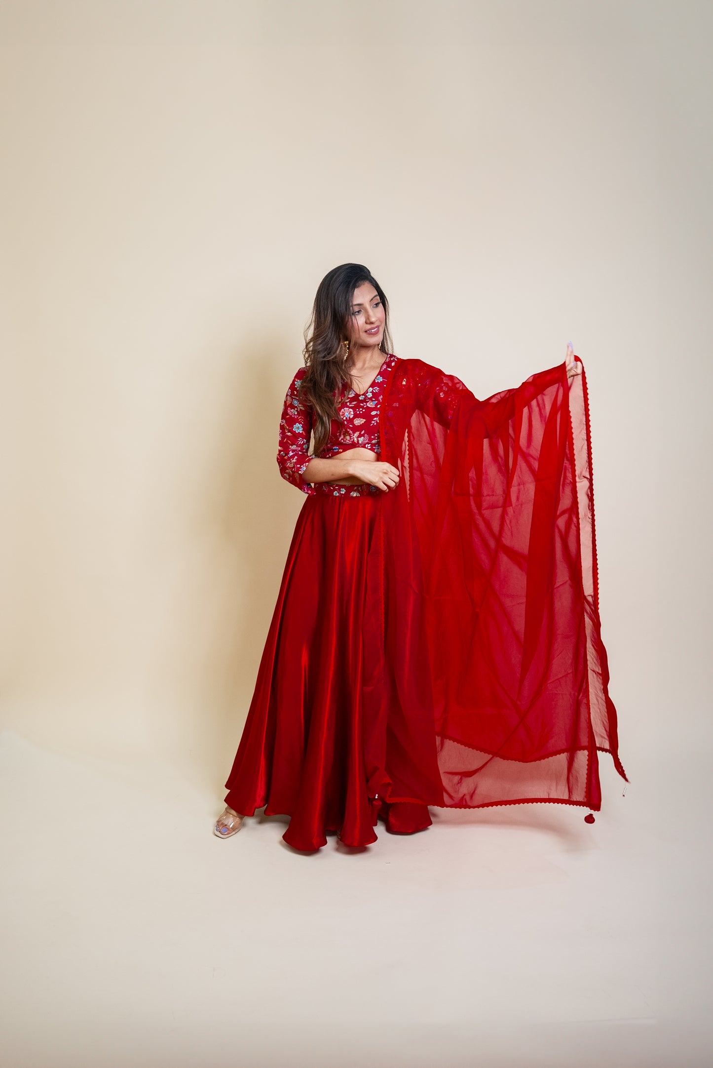 Red Embroidered Top and Silk Skirt set with Dupatta