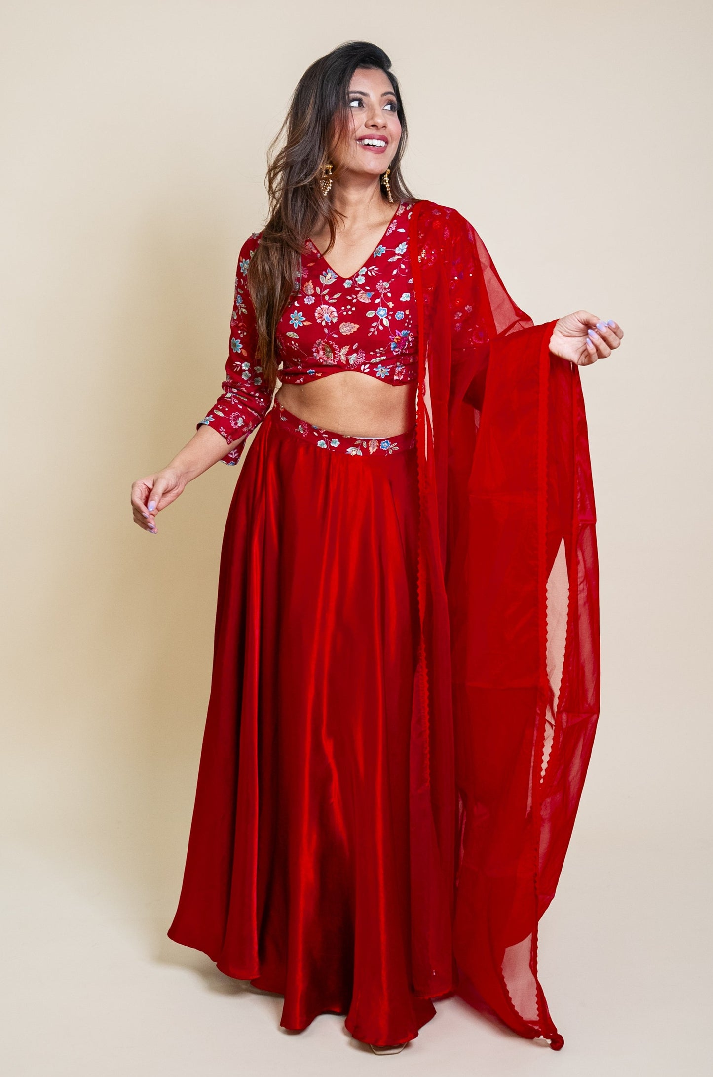 Red Embroidered Top and Silk Skirt set with Dupatta