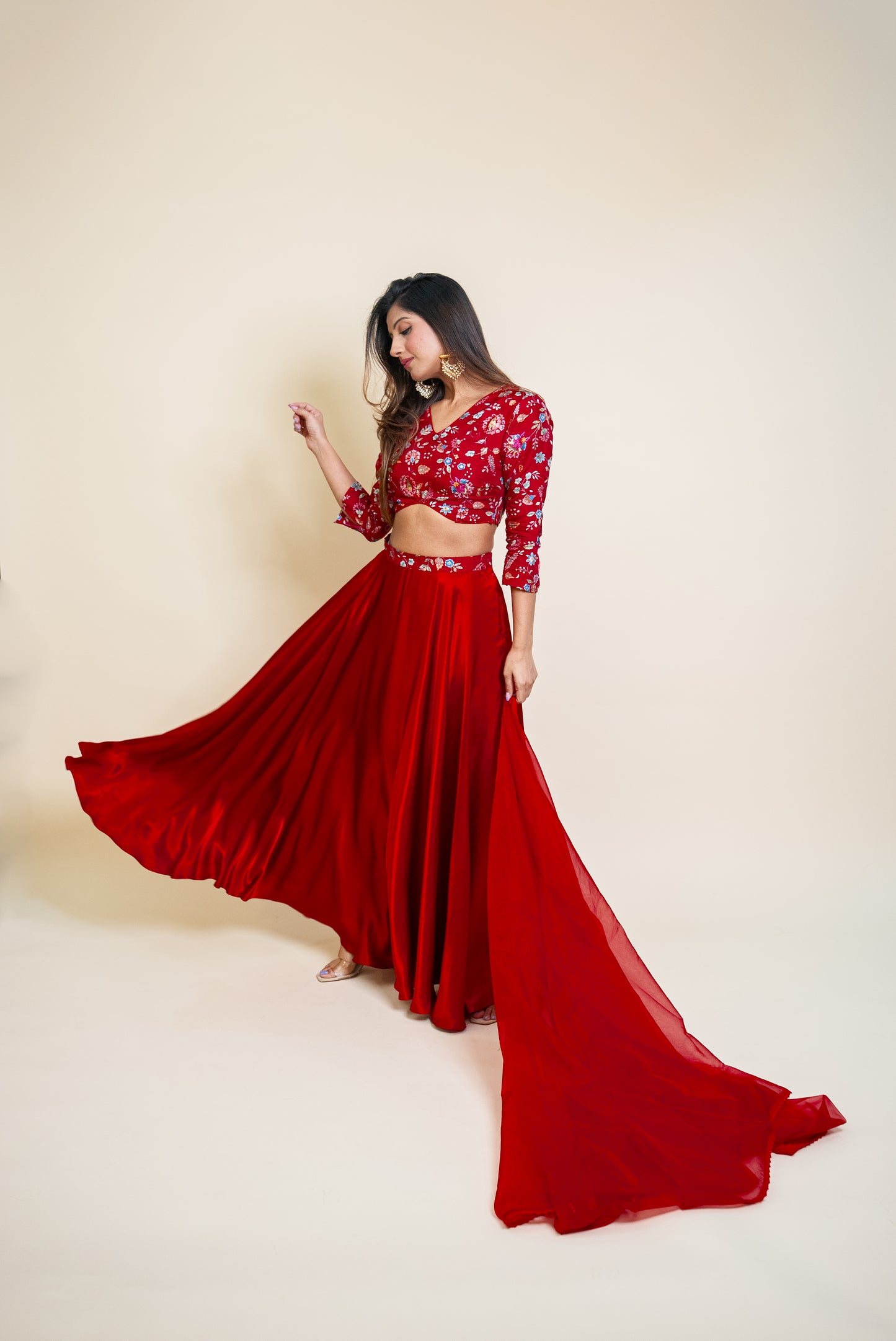 Red Embroidered Top and Silk Skirt set with Dupatta