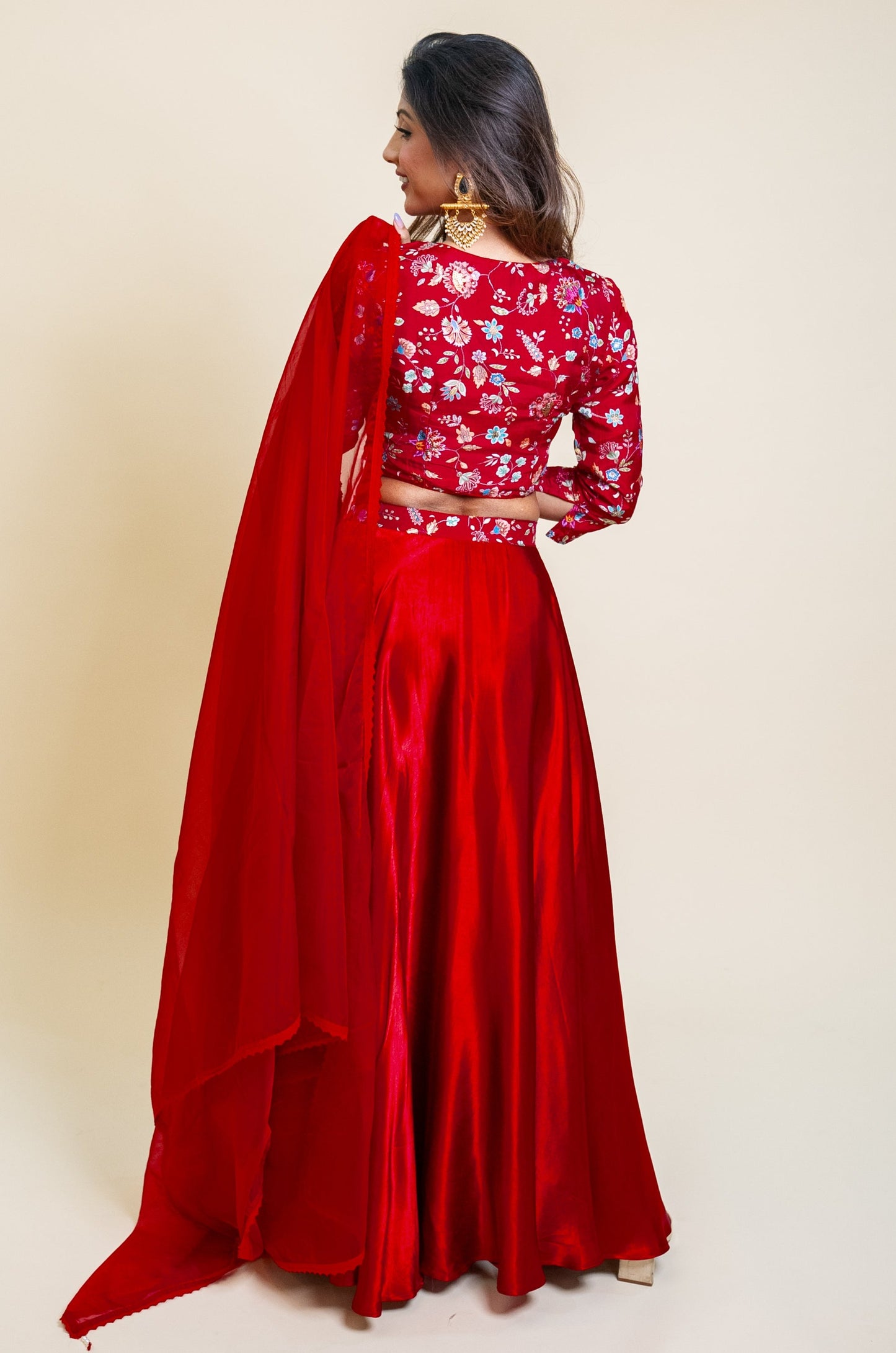 Red Embroidered Top and Silk Skirt set with Dupatta