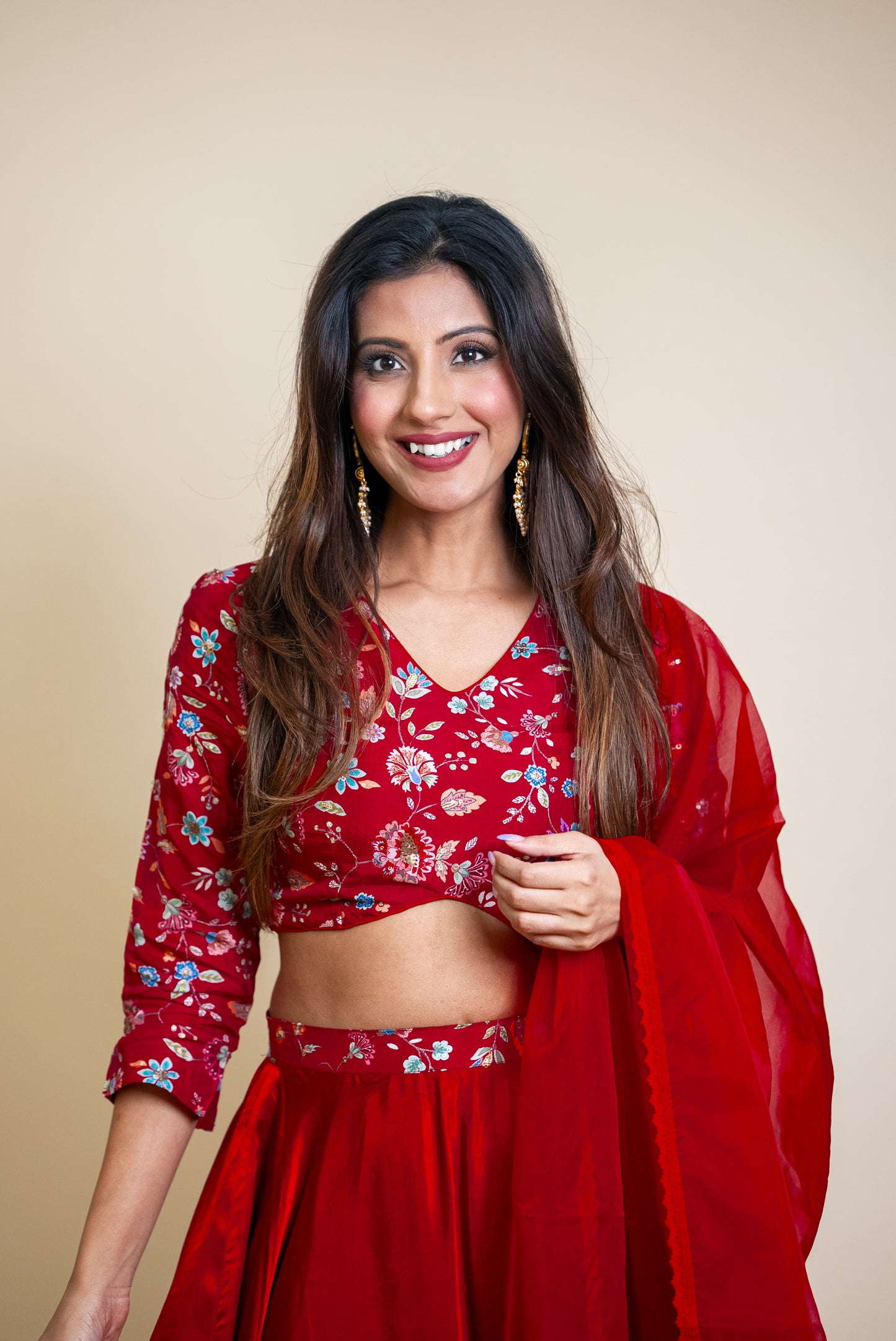 Red Embroidered Top and Silk Skirt set with Dupatta