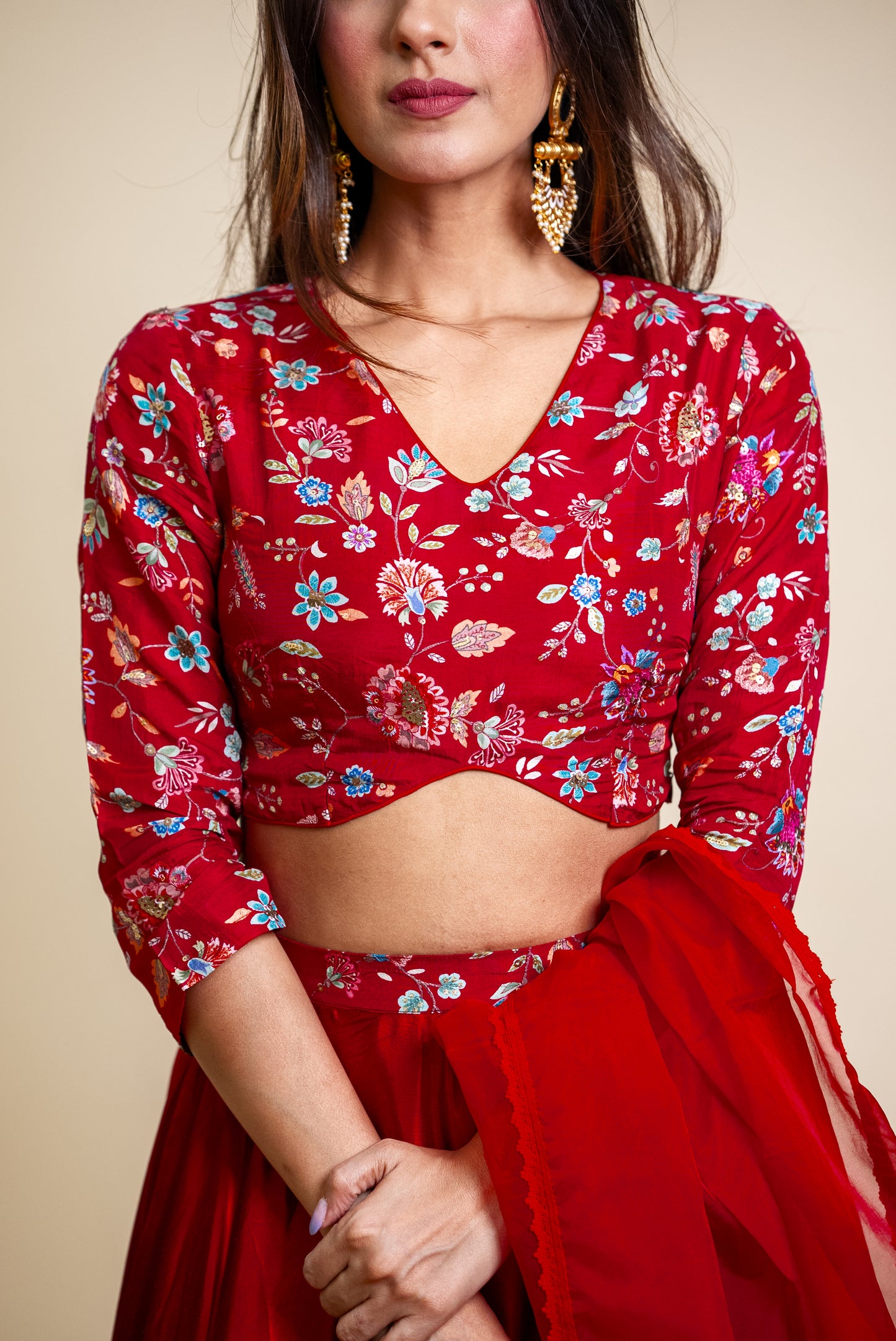 Red Embroidered Top and Silk Skirt set with Dupatta