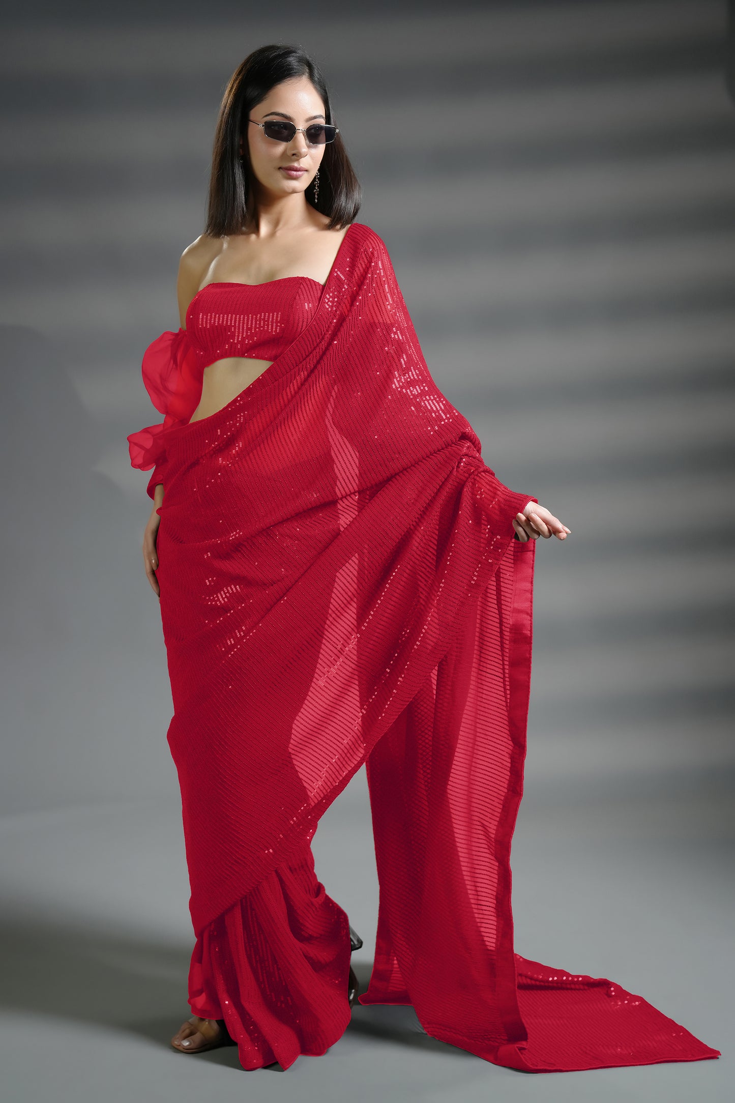 Stunning Red Ready to Wear Sequin Saree with Premium Blouse Fabric
