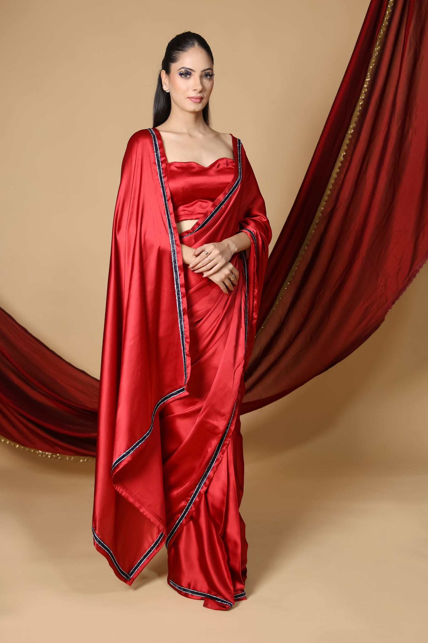 Red Royale Premium Satin Saree with Black Embroidery and Unstitched Blouse