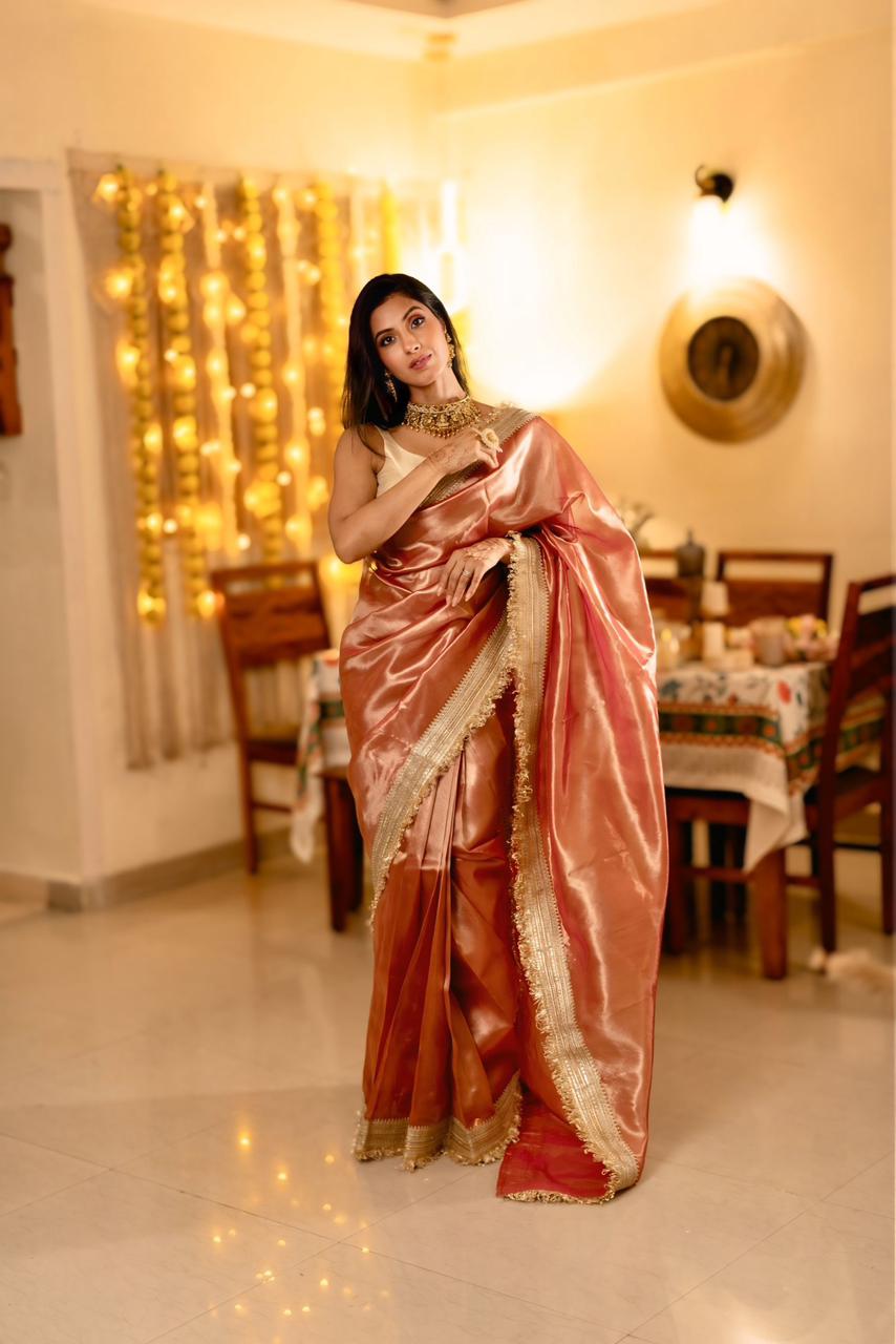 Dreamy Rose Gold Radiance Tissue Saree