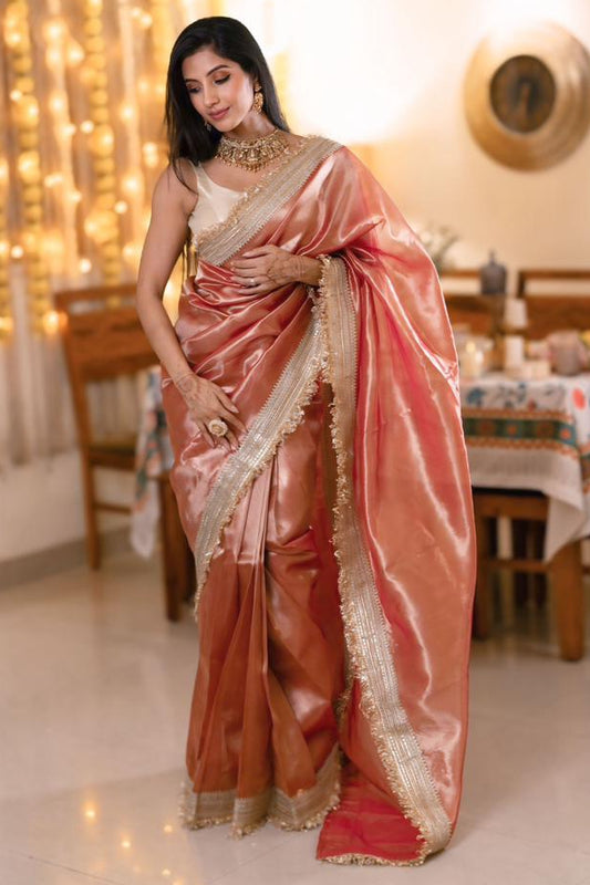 Dreamy Rose Gold Radiance Tissue Saree