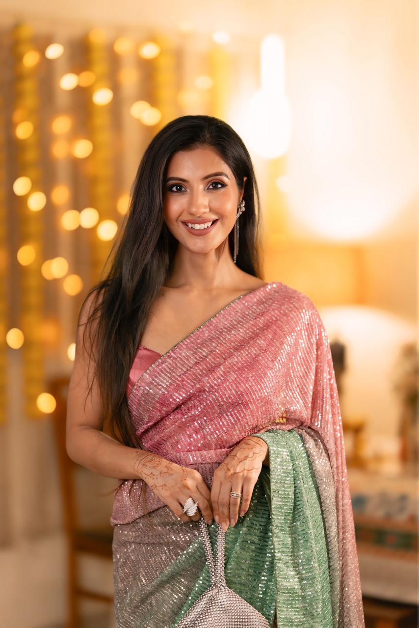 Dazzling Disco Luxe Ombre Sequin Saree with Blouse Fabric