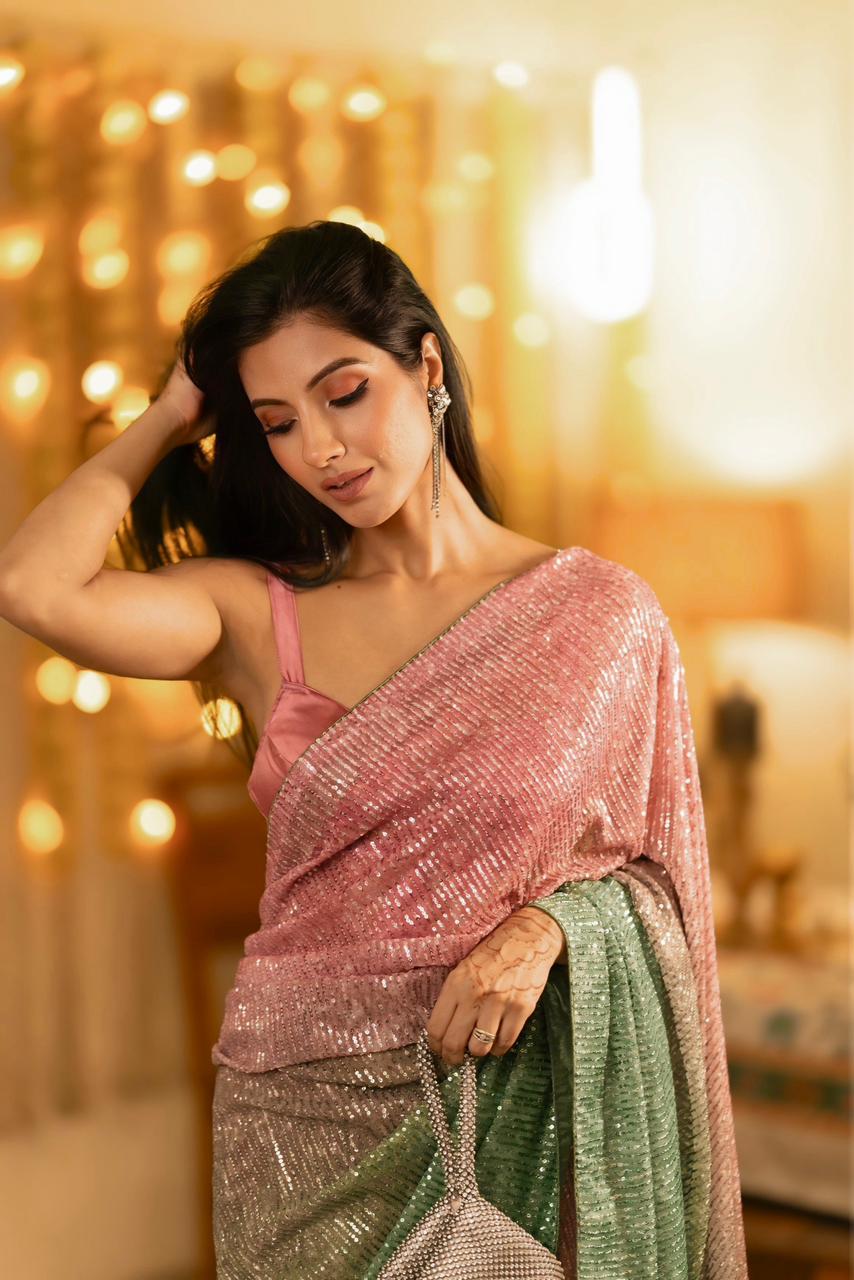 Dazzling Disco Luxe Ombre Sequin Saree with Blouse Fabric