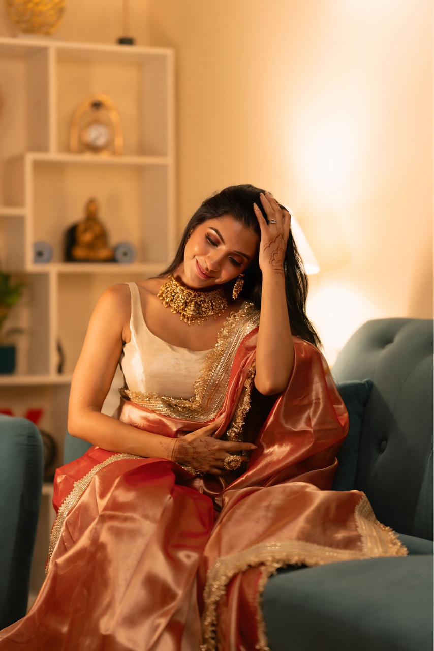 Dreamy Rose Gold Radiance Premium Tissue Saree with Blouse Fabric