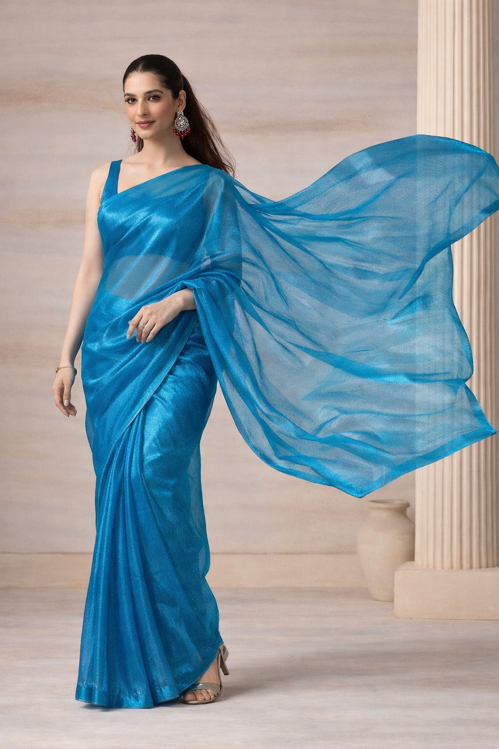 Glamorous Blue Premium Tissue Saree with Blouse Fabric
