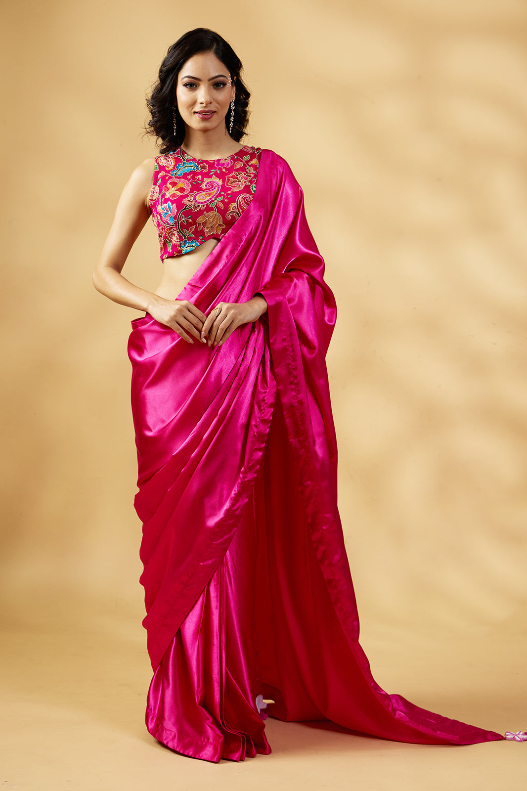 Gulabi Satin Glow Saree with Handcrafted Tassels & Blouse Fabric