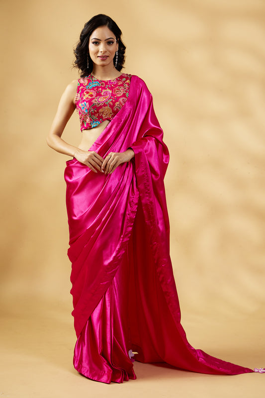 Gulabi Satin Glow Saree with Handcrafted Tassels & Blouse Fabric