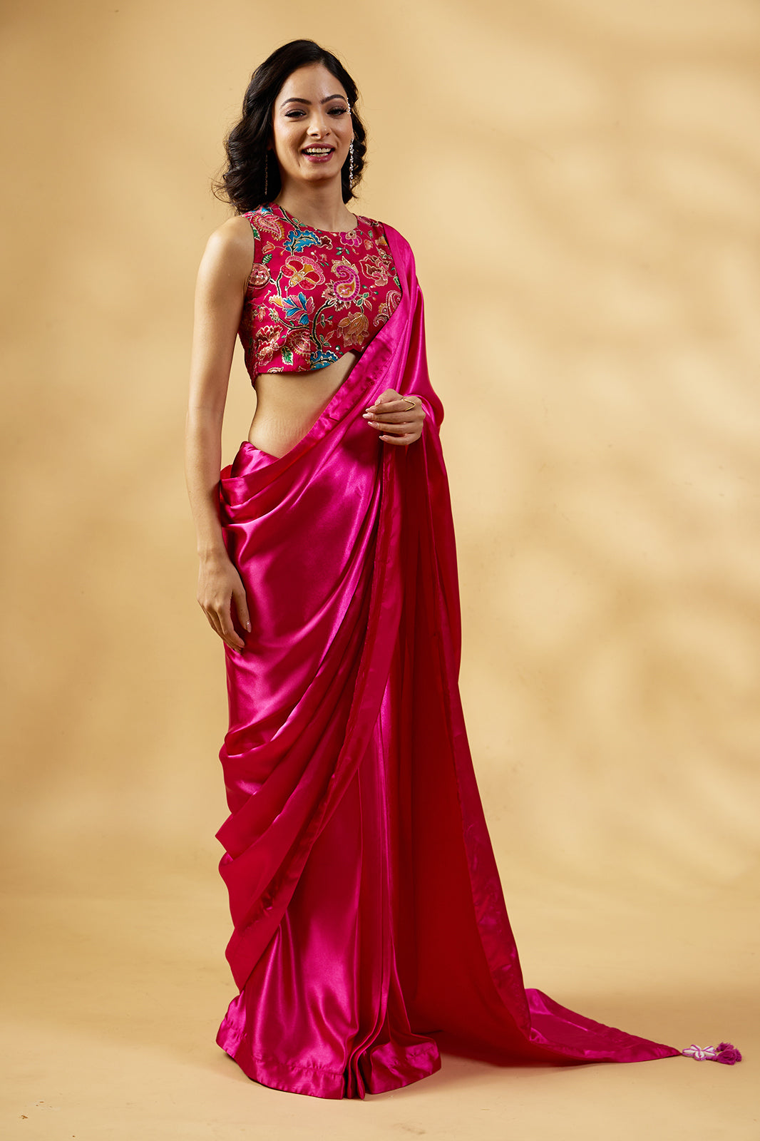 Gulabi Satin Glow Saree with Handcrafted Tassels & Blouse Fabric
