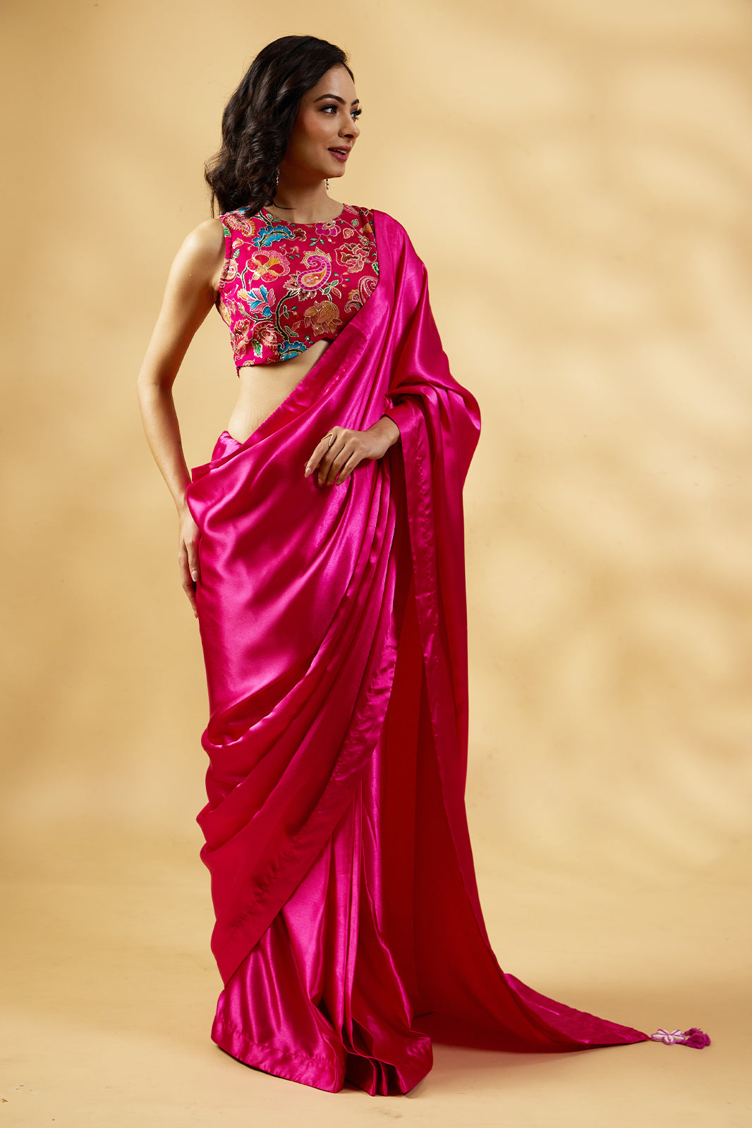 Gulabi Satin Glow Saree with Handcrafted Tassels & Blouse Fabric