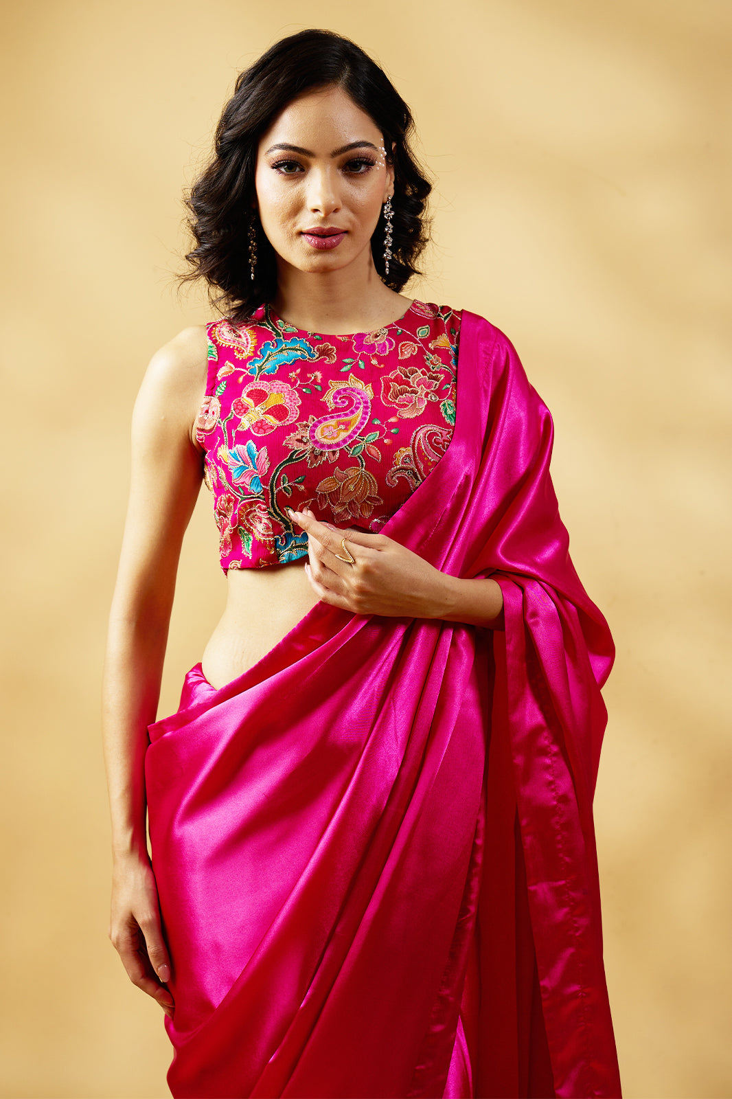 Gulabi Satin Glow Saree with Handcrafted Tassels & Blouse Fabric