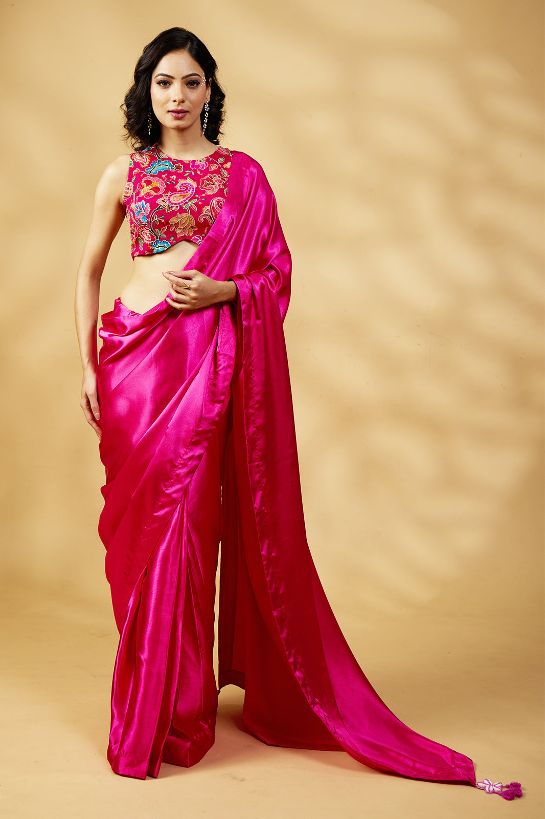 Gulabi Satin Glow Saree with Handcrafted Tassels & Blouse Fabric
