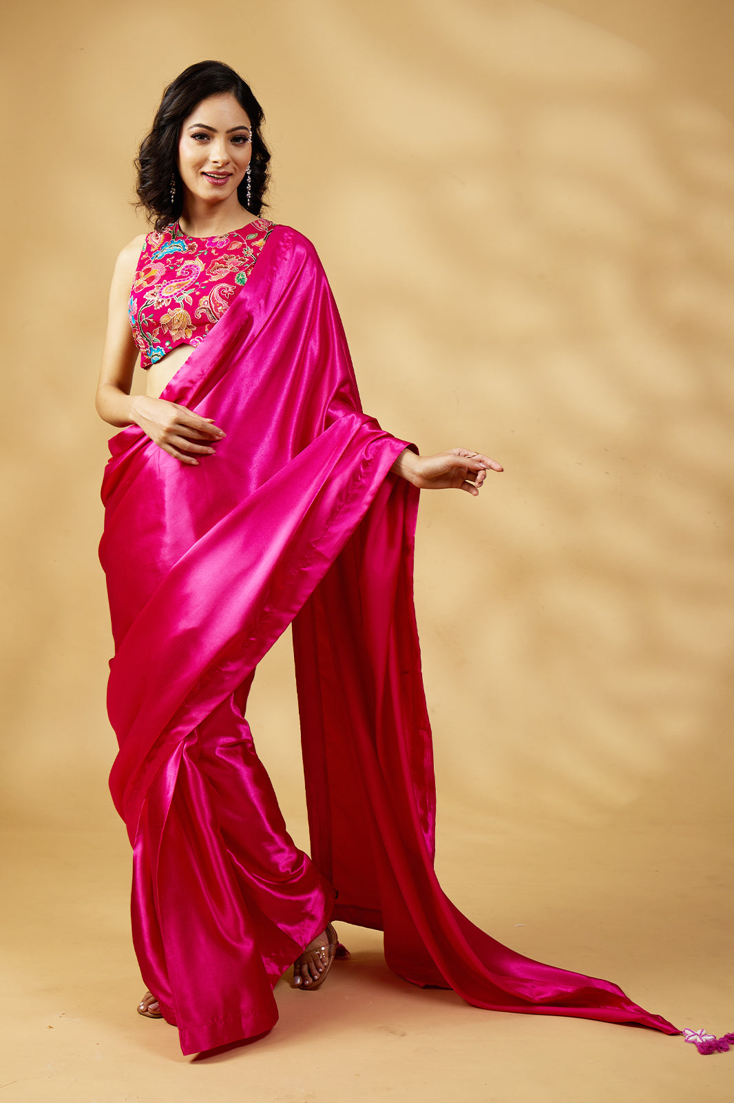 Gulabi Satin Glow Saree with Handcrafted Tassels & Blouse Fabric