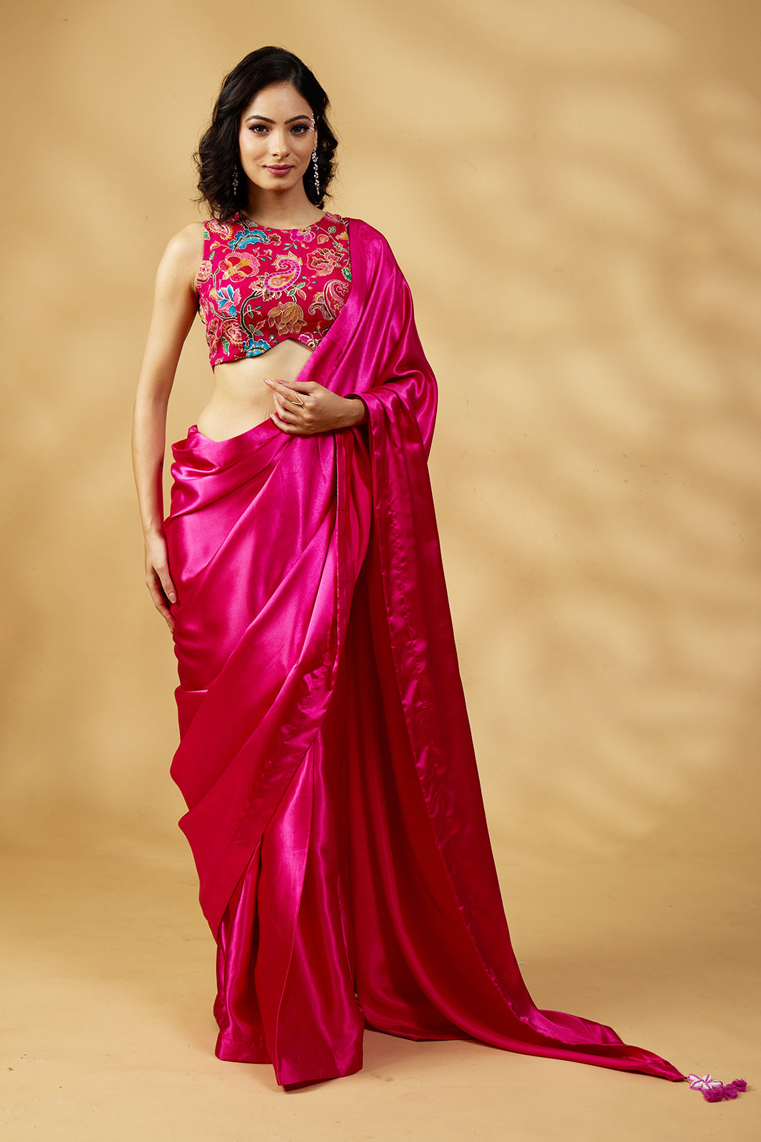 Gulabi Satin Glow Saree with Handcrafted Tassels & Blouse Fabric