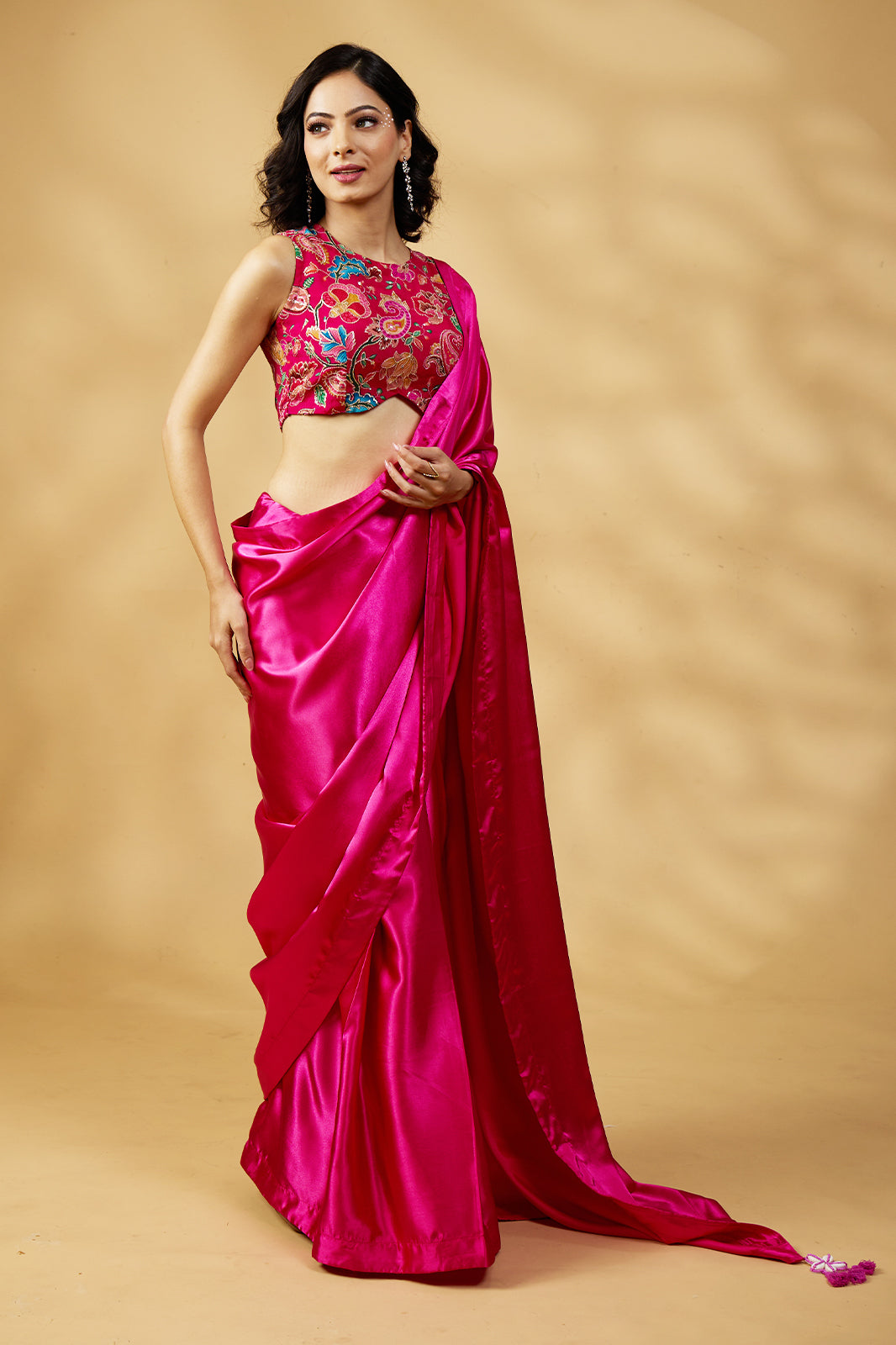 Gulabi Satin Glow Saree with Handcrafted Tassels & Blouse Fabric